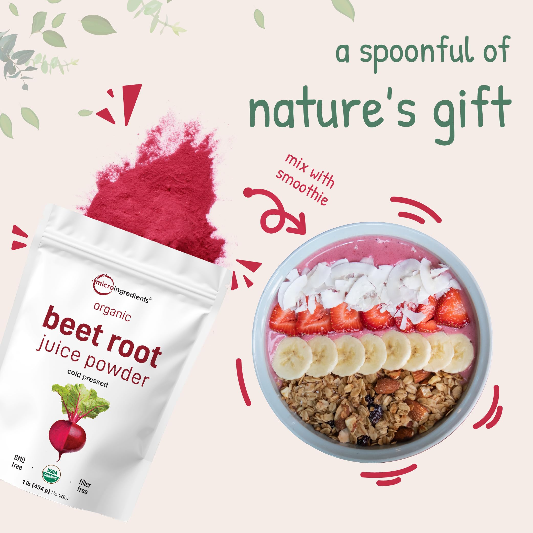Measuring scoop included with beet root powder in the tub