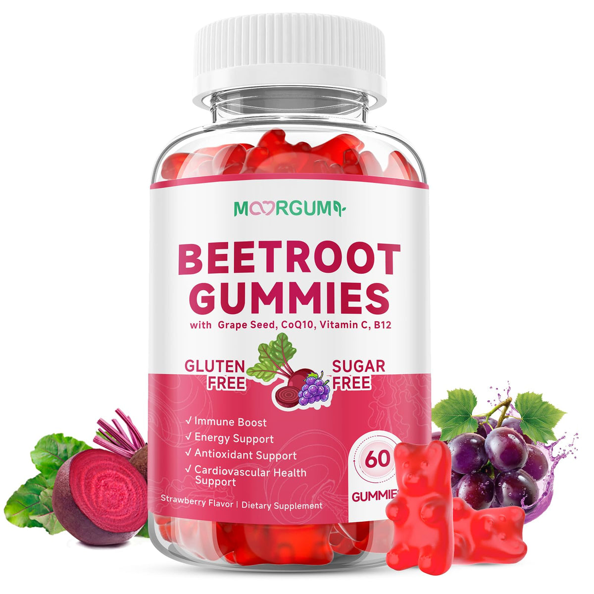 Bottle of strawberry-flavored beetroot gummies for blood pressure support