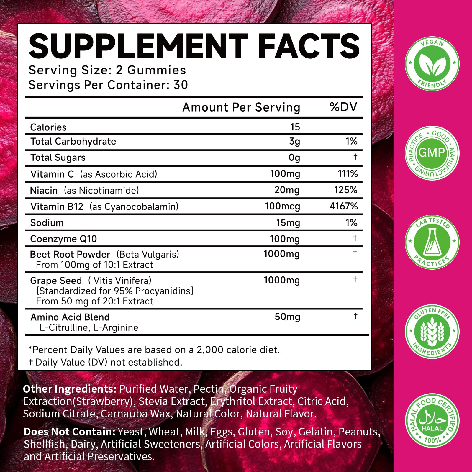 Close-up of beetroot gummies packaging with strawberry flavor