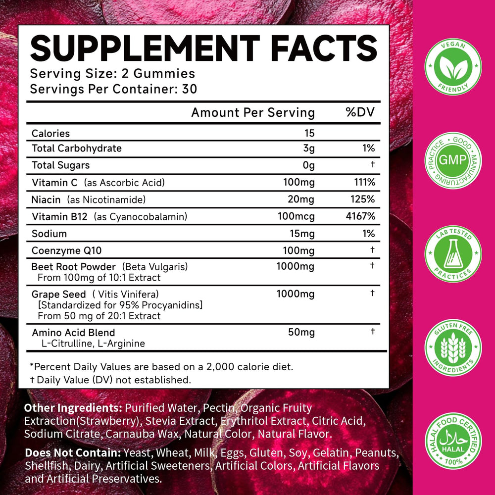 Close-up of beetroot gummies packaging with strawberry flavor