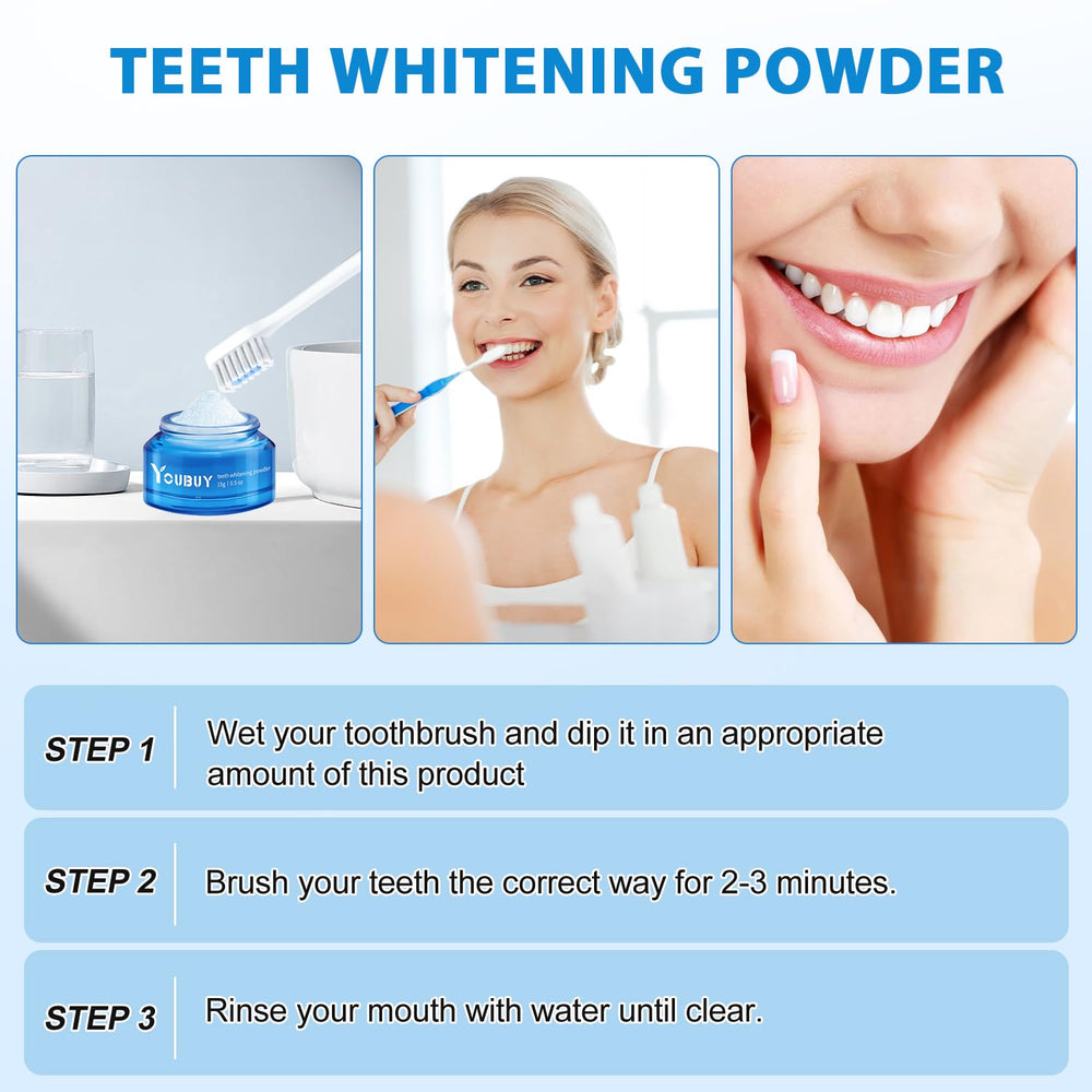 Before and after whitening results with powder-based toothpaste.