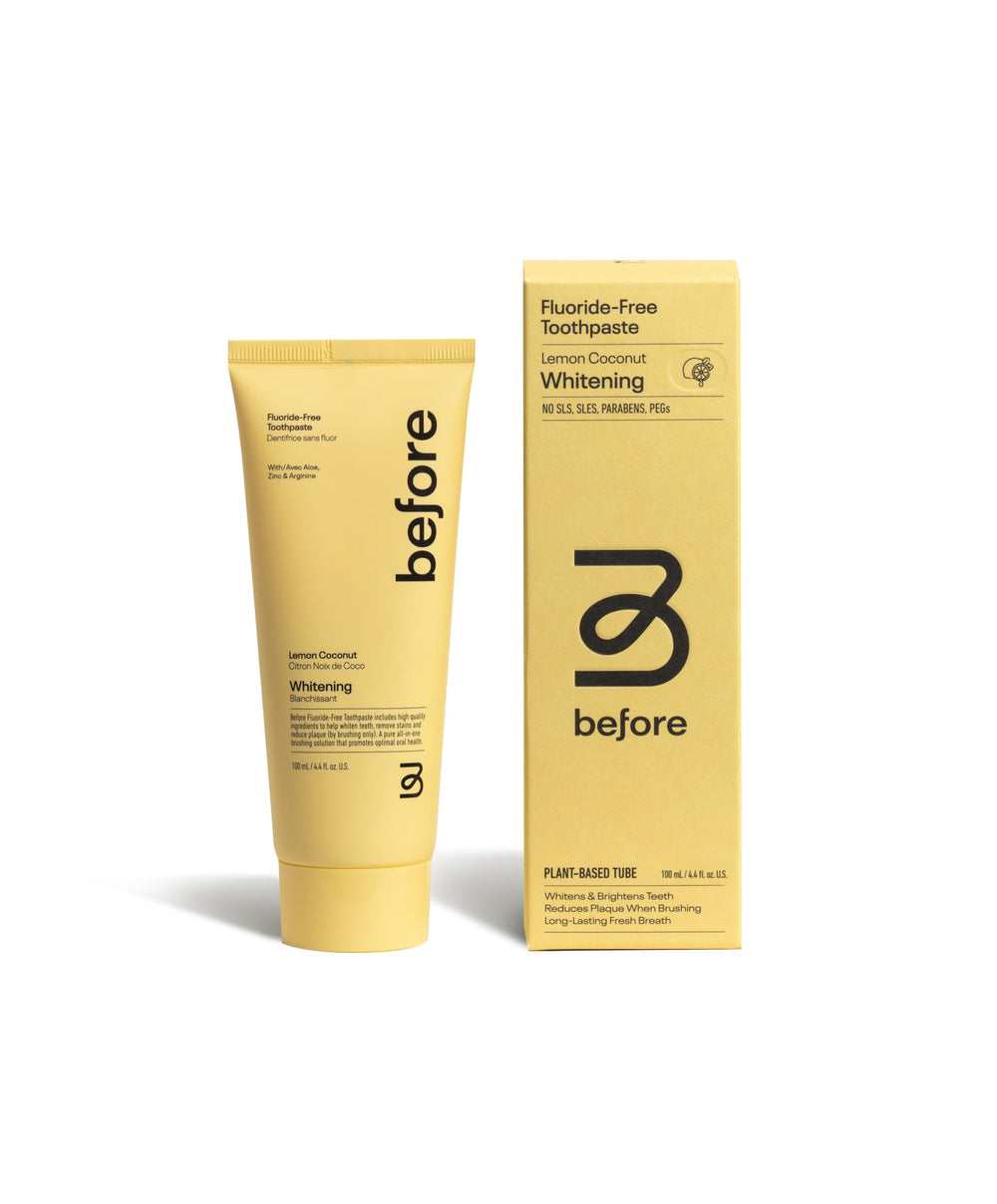Before Lemon Coconut Fluoride-Free Whitening Toothpaste bottle on countertop