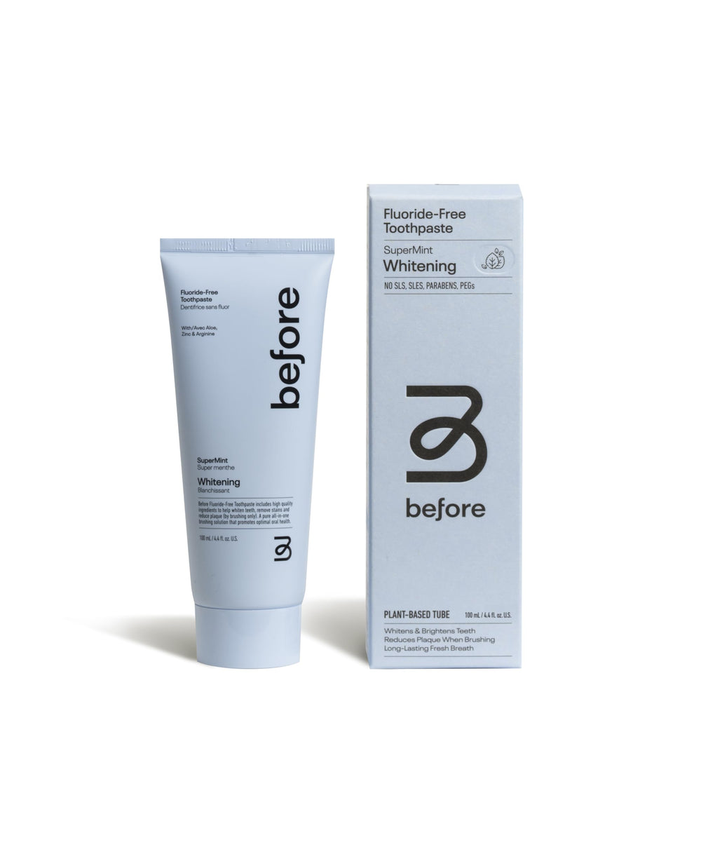Front view of Before SuperMint Fluoride-Free Whitening Toothpaste 4.4oz tube.