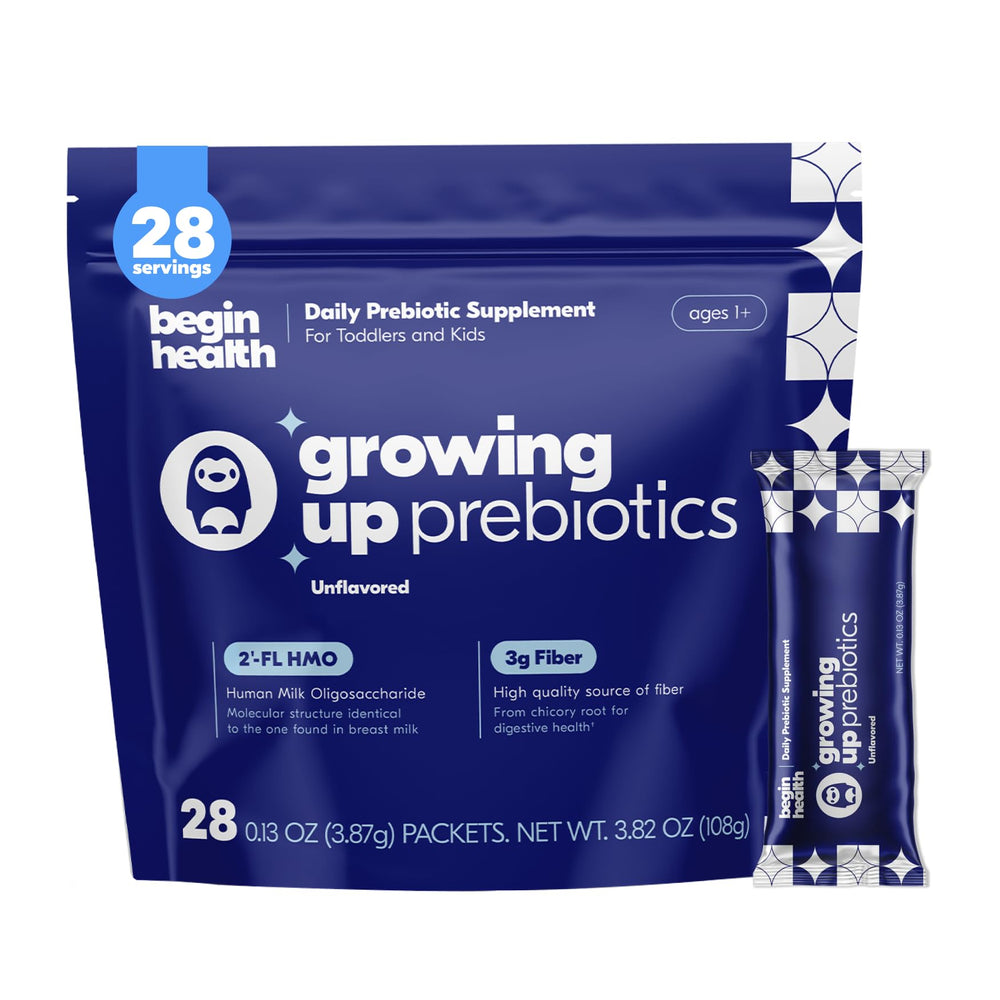 Front view of Begin Health Growing Up Prebiotics for Kids 28-Packs