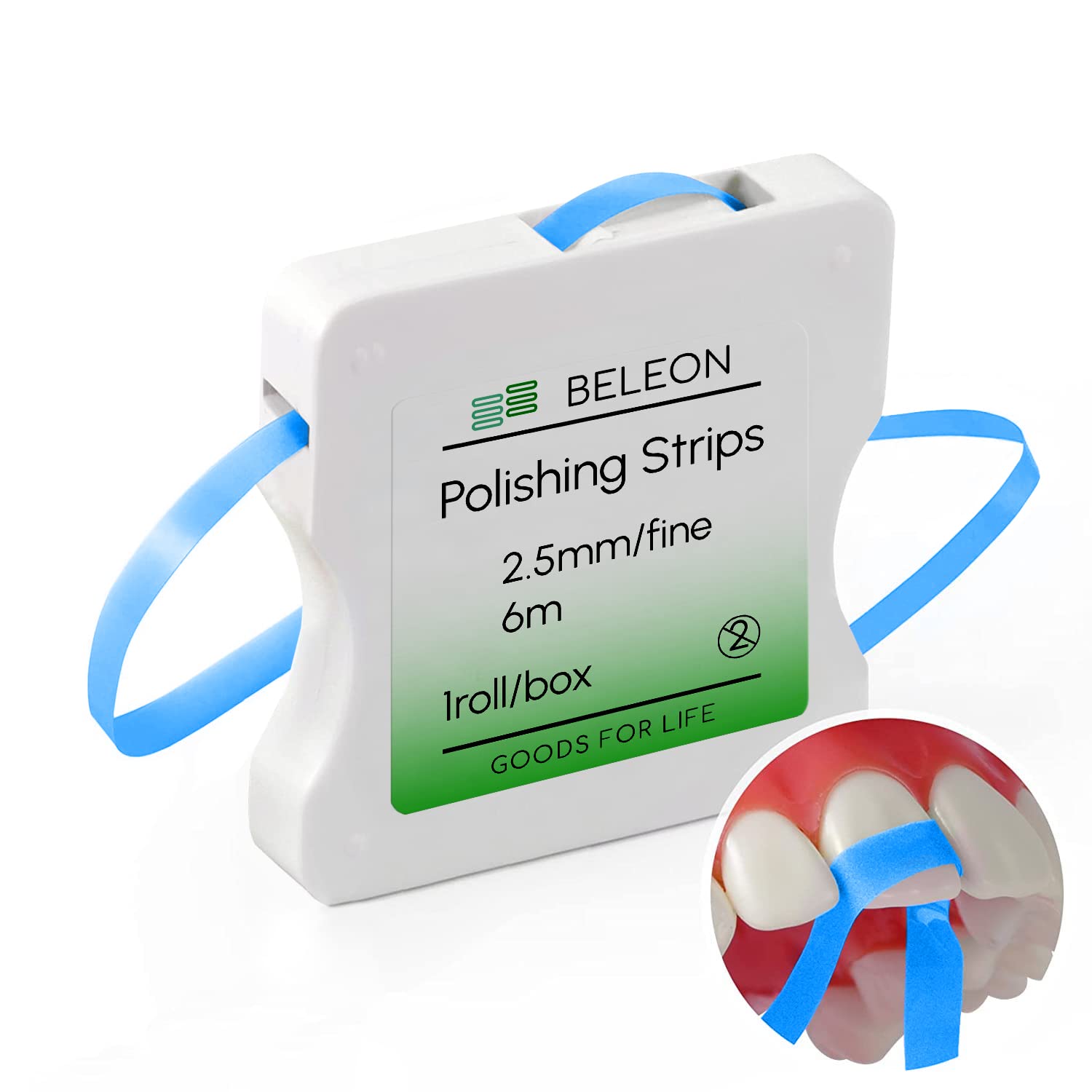 Close-up of BELEON Dental Polishing Strips on a roll