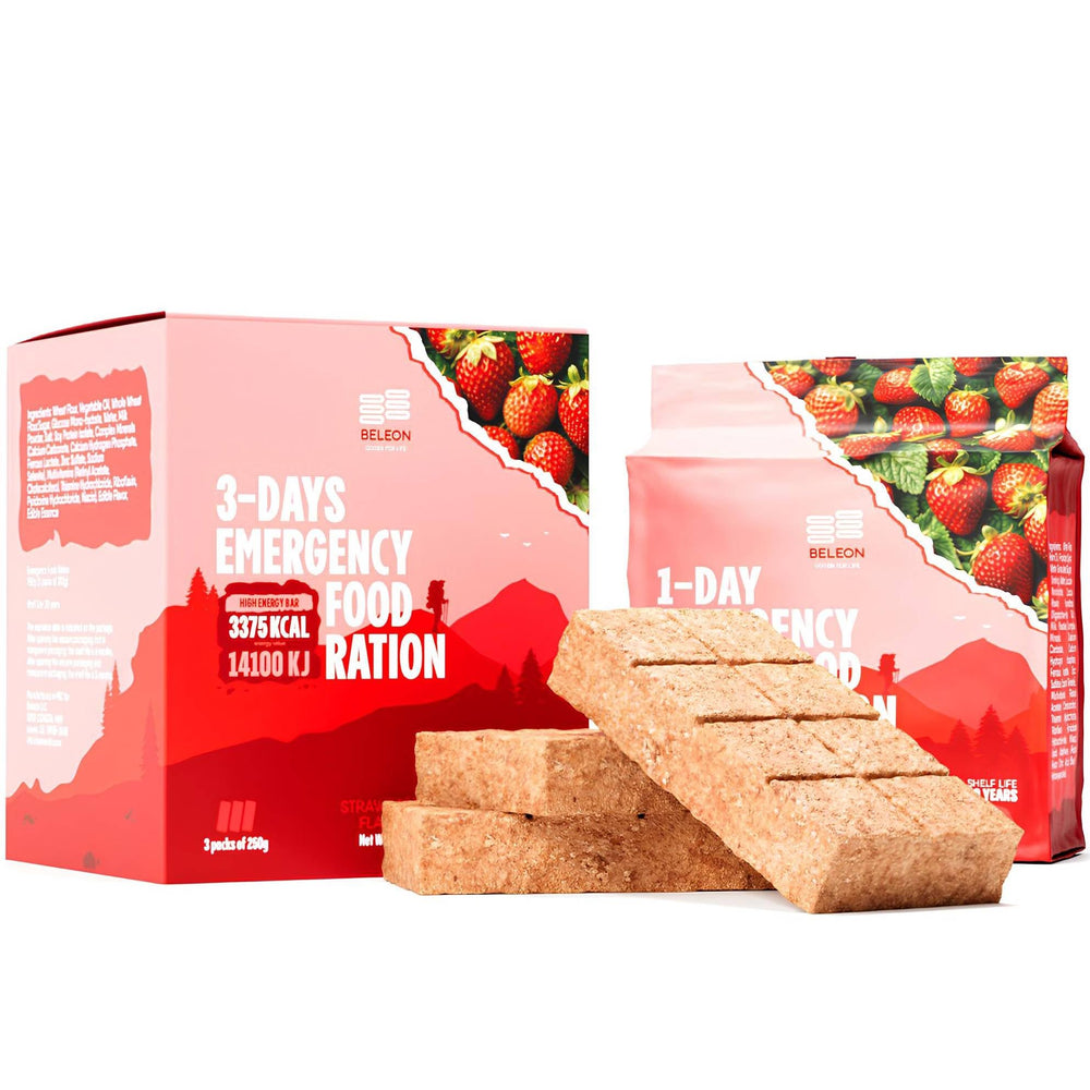 Beleon Emergency Food 3 Days Strawberry Bars pack closeup showing quick-energy biscuits for easy nourishment