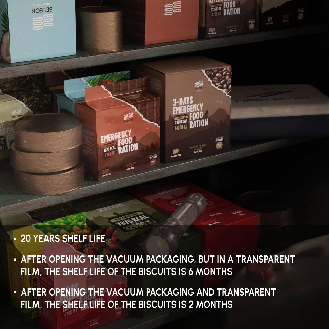 Beleon Emergency Food 3 Days stored in a dry dark place to emphasize readiness
