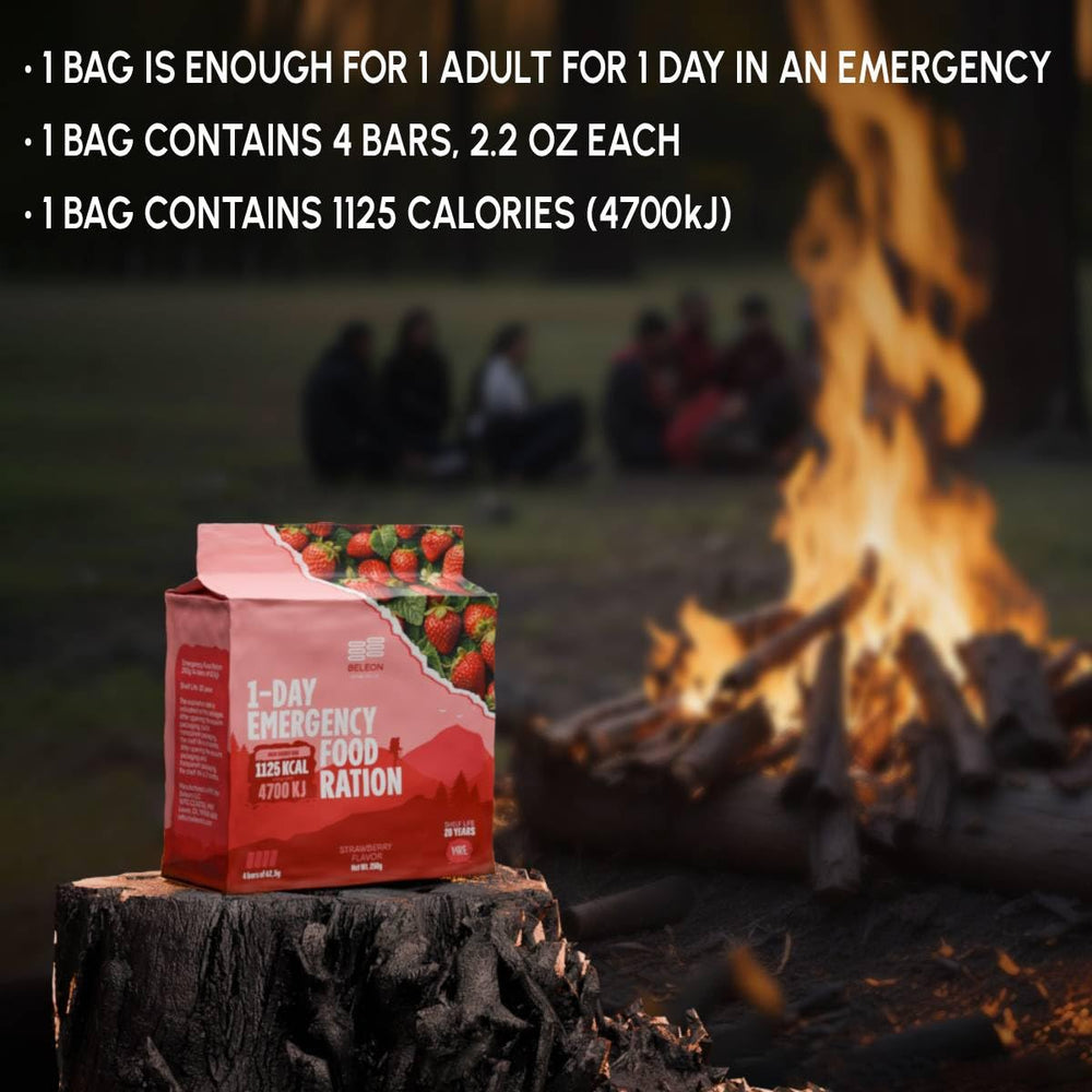 Beleon emergency food blocks highlight seven-pack convenience for trips.