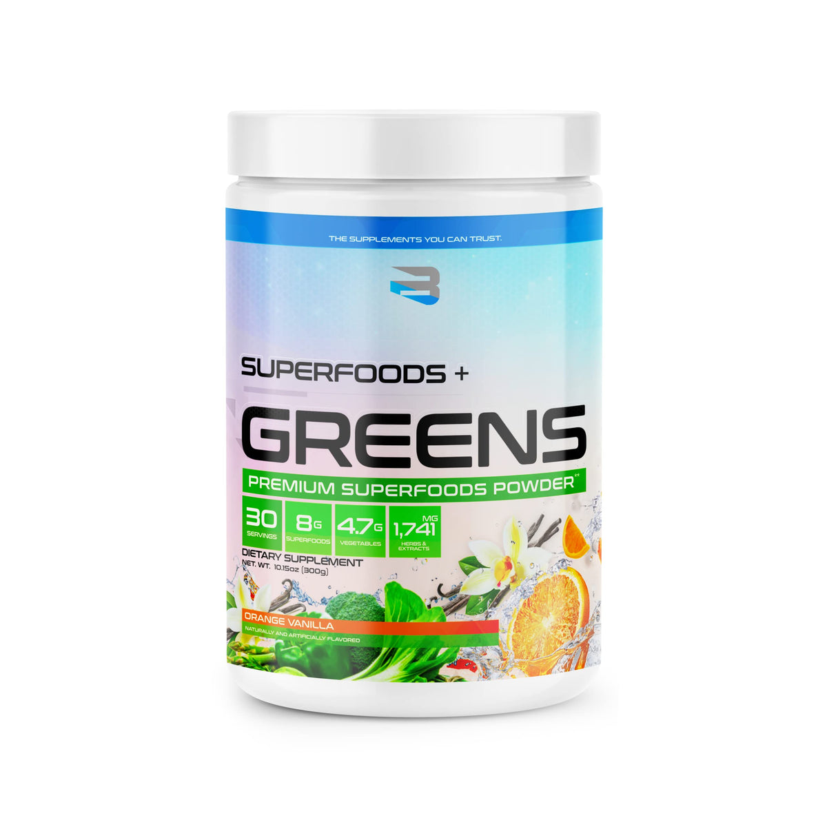 Believe Supplements Superfoods+Greens Orange Vanilla packaging