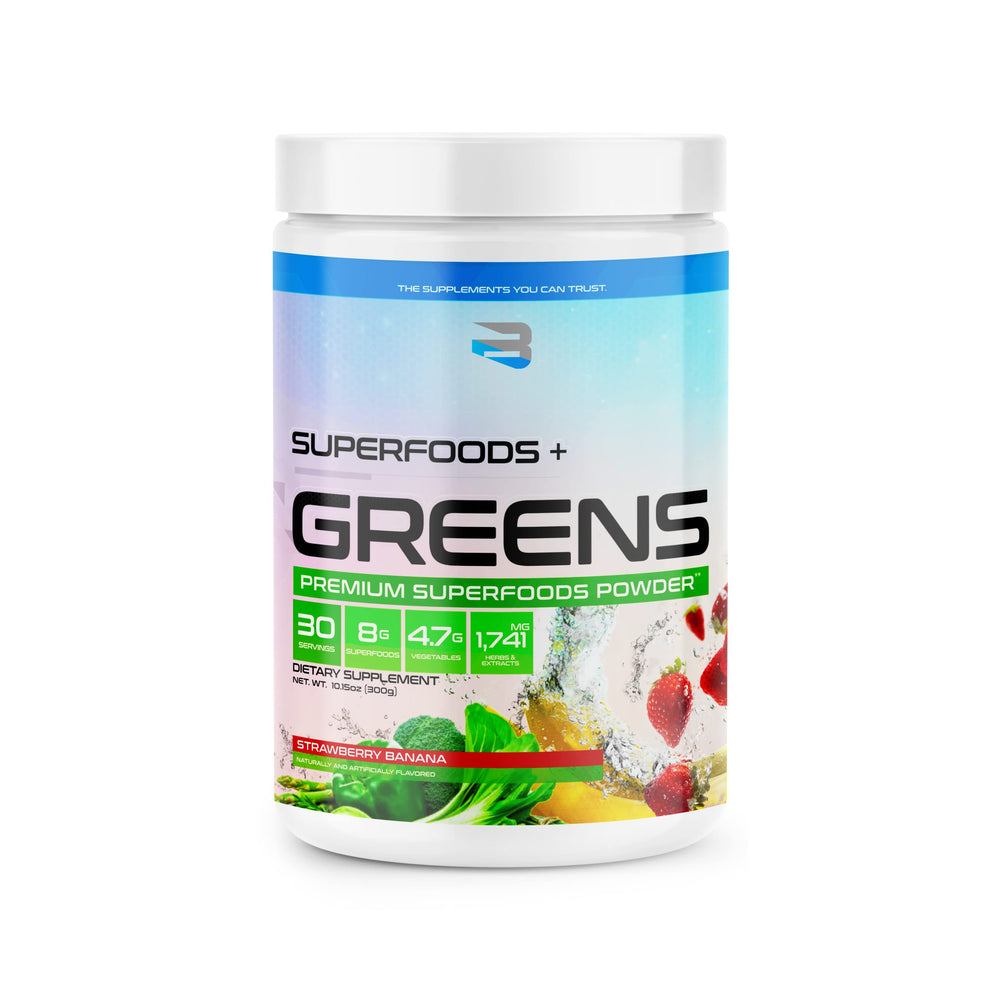 Believe Supplements Superfoods+Greens Strawberry Banana powder canister