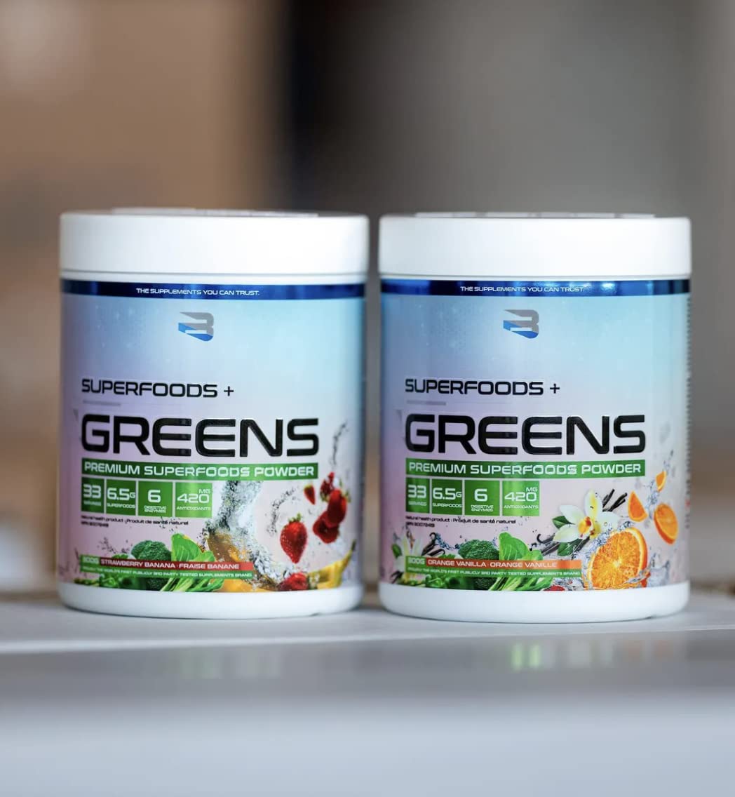 Shaker bottle with a prepared Greens Strawberry Banana smoothie