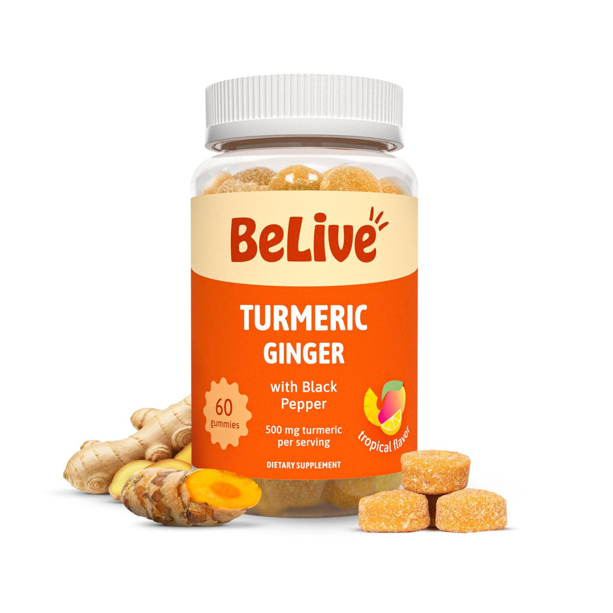 BeLive Turmeric Curcumin Gummies bottle with tropical flavor gummies