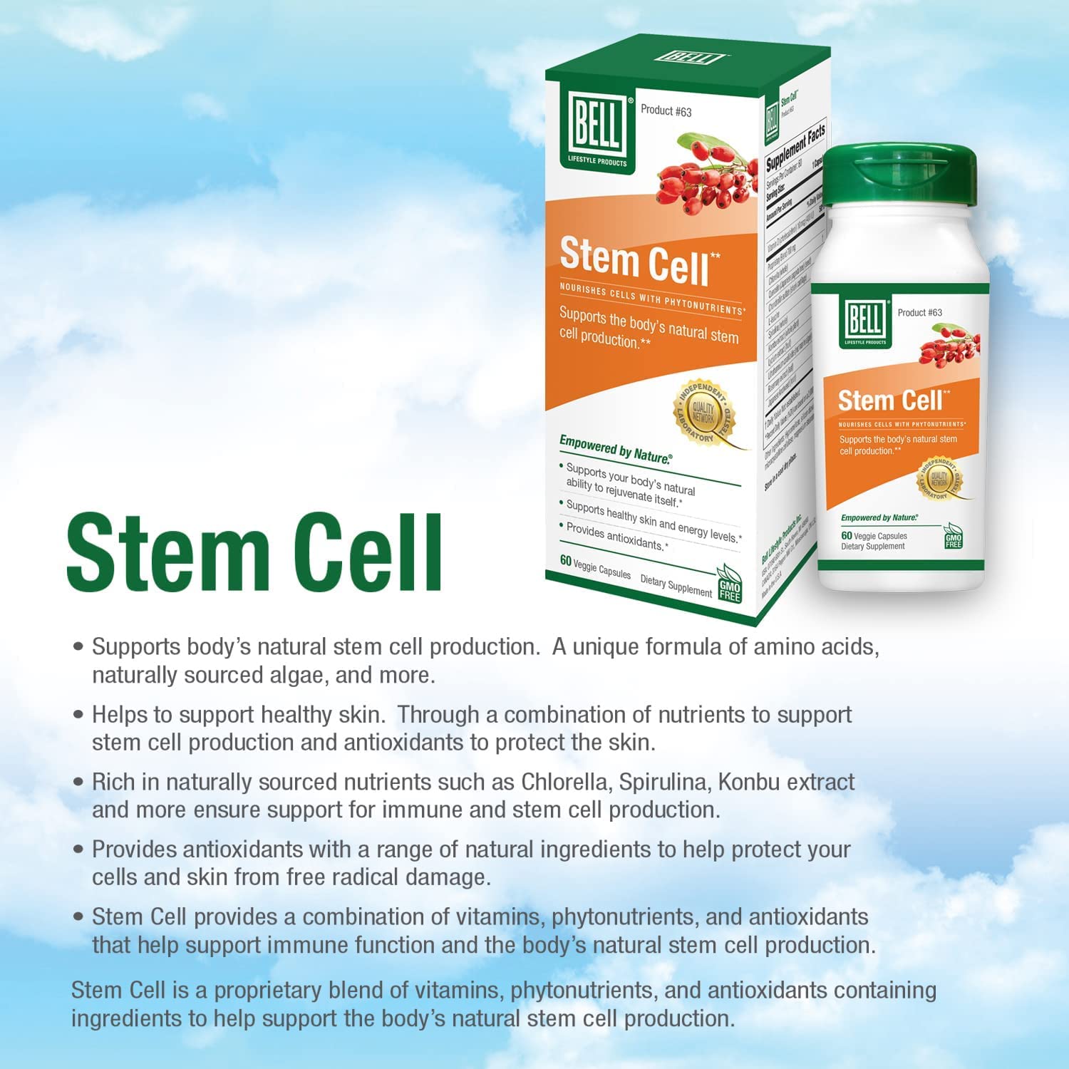 Close-up of Bell Stem Cell Supplements bottle showing 60 capsules