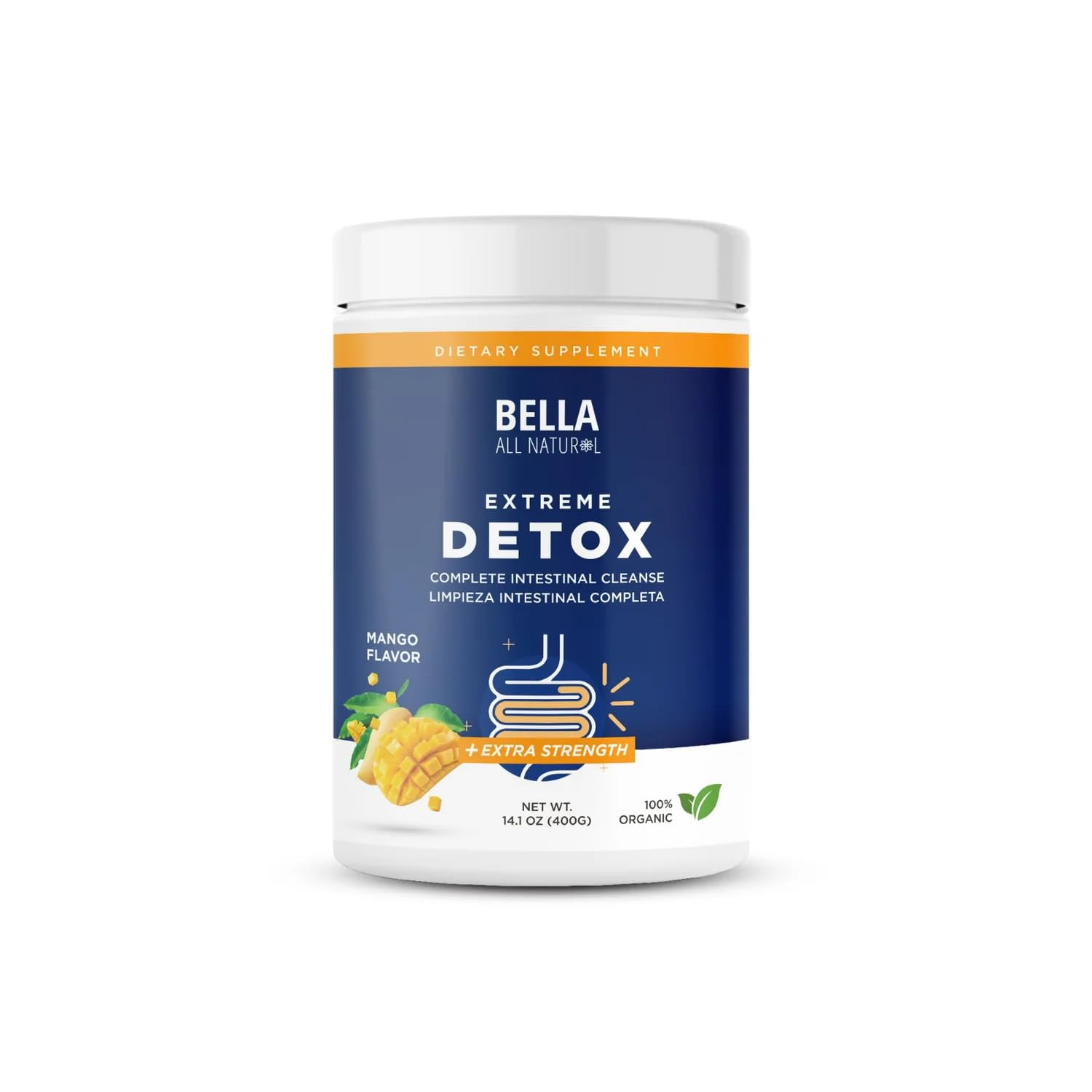 Bella All Natural Detox Powder Mango bottle with scoop on white background