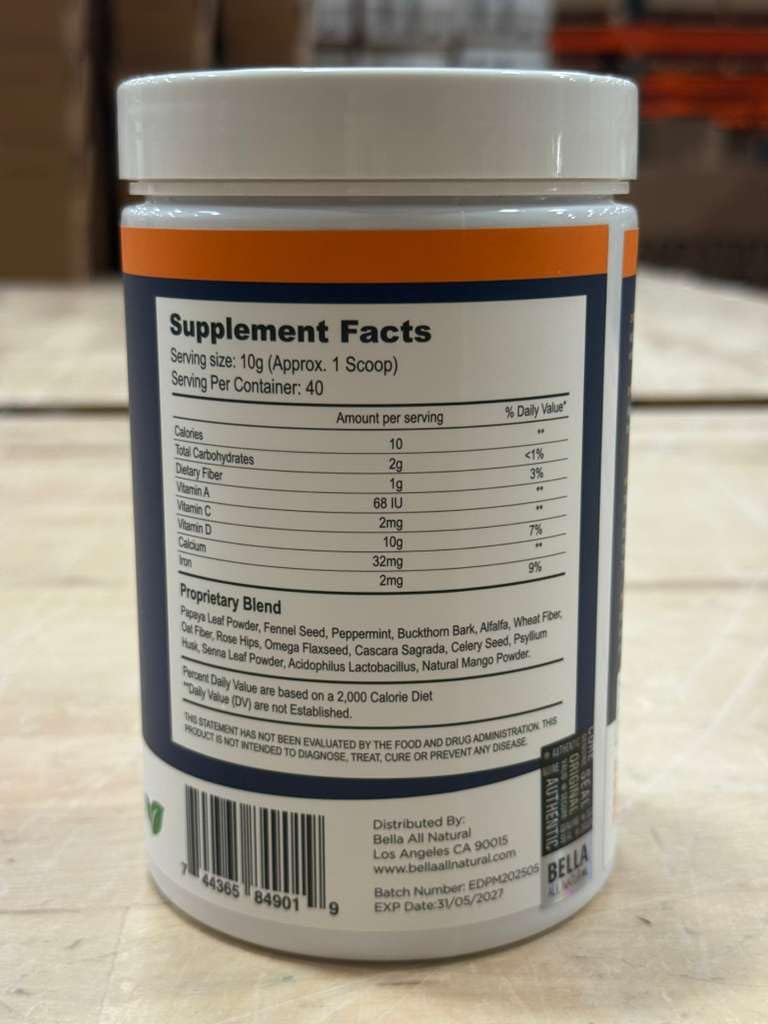 Close-up of mango-flavored detox powder texture