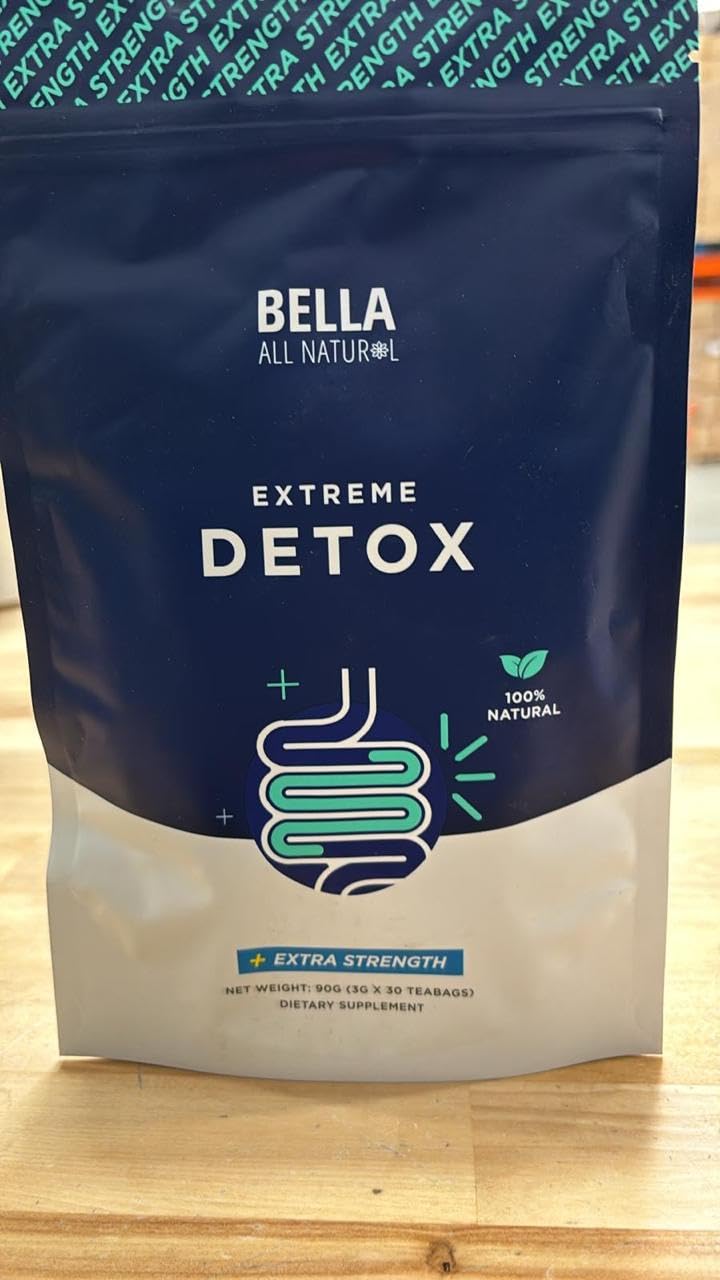 Bella All Natural Extreme Detox Tea brewing shows aromatic herbs for a soothing beverage ritual.