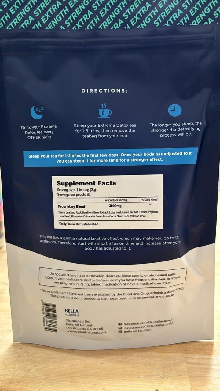 Bella All Natural Extreme Detox Tea leaves and herbs image emphasizes a natural, plant-based cleanse.