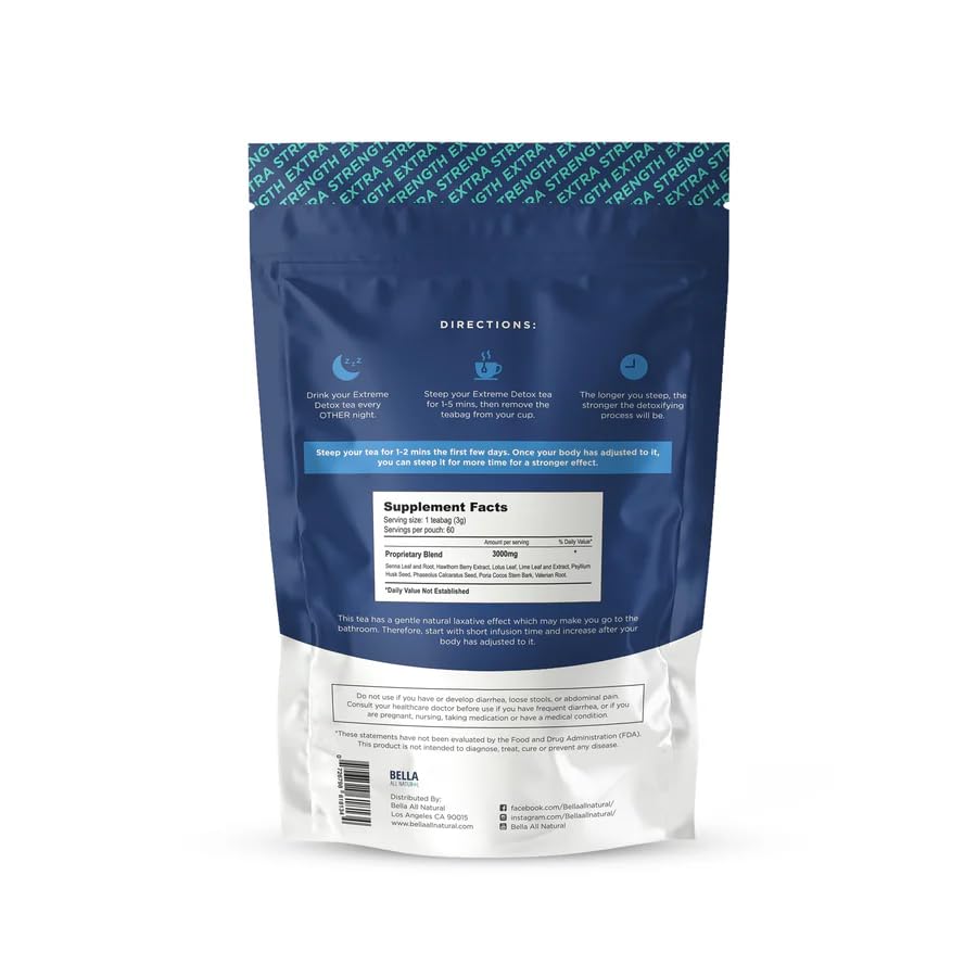 Bella All Natural Extreme Detox Tea tea bags close-up highlighting natural herbs for a warm infusion.