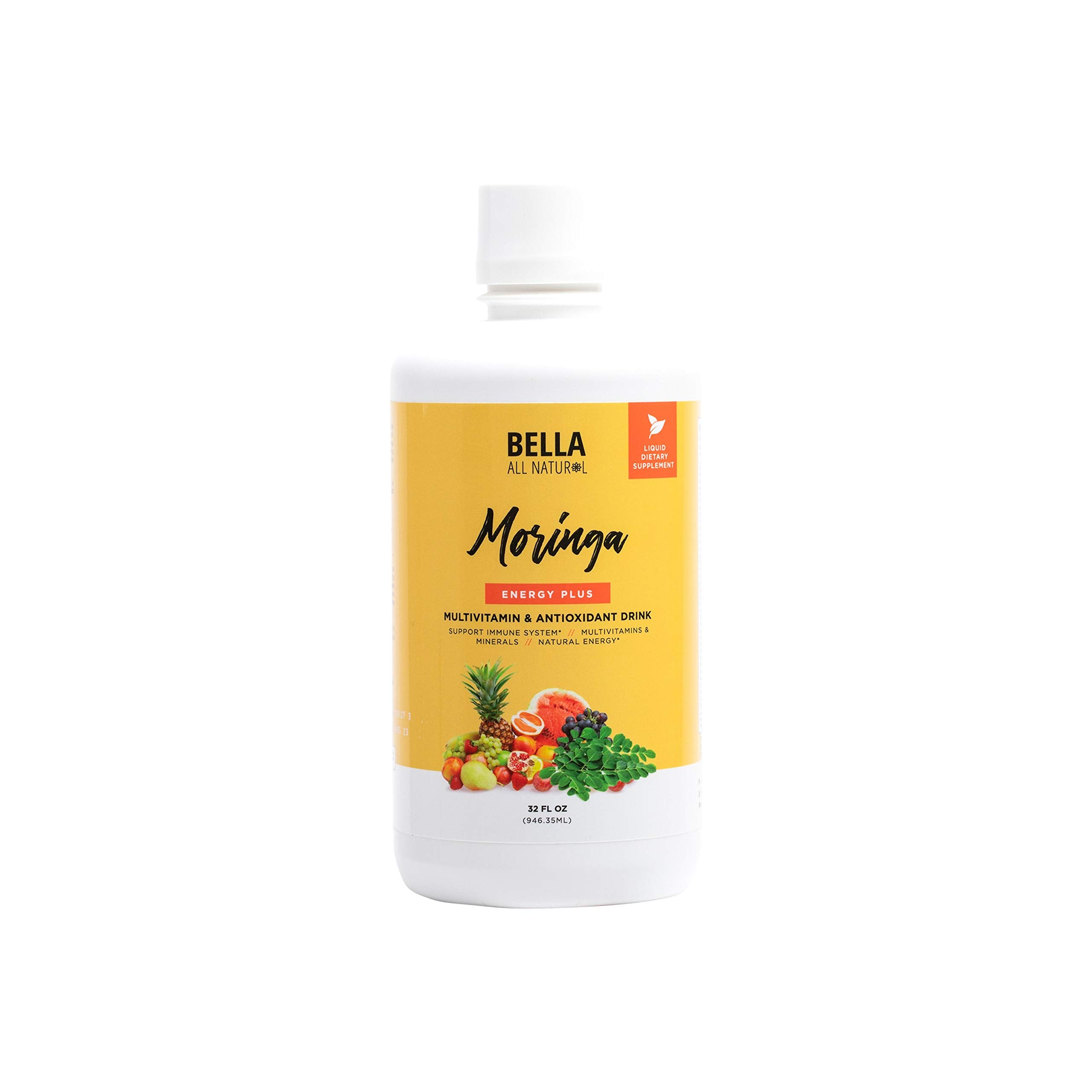 Front view of Bella All Natural Moringa Juice Energy Plus bottle (32oz)