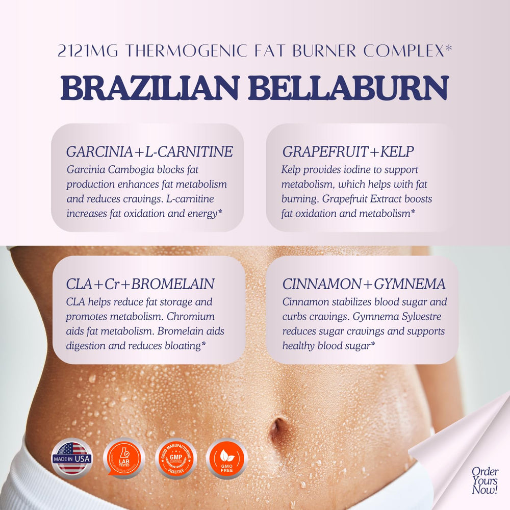 Bellaburn capsules bottle with serving suggestion of four capsules