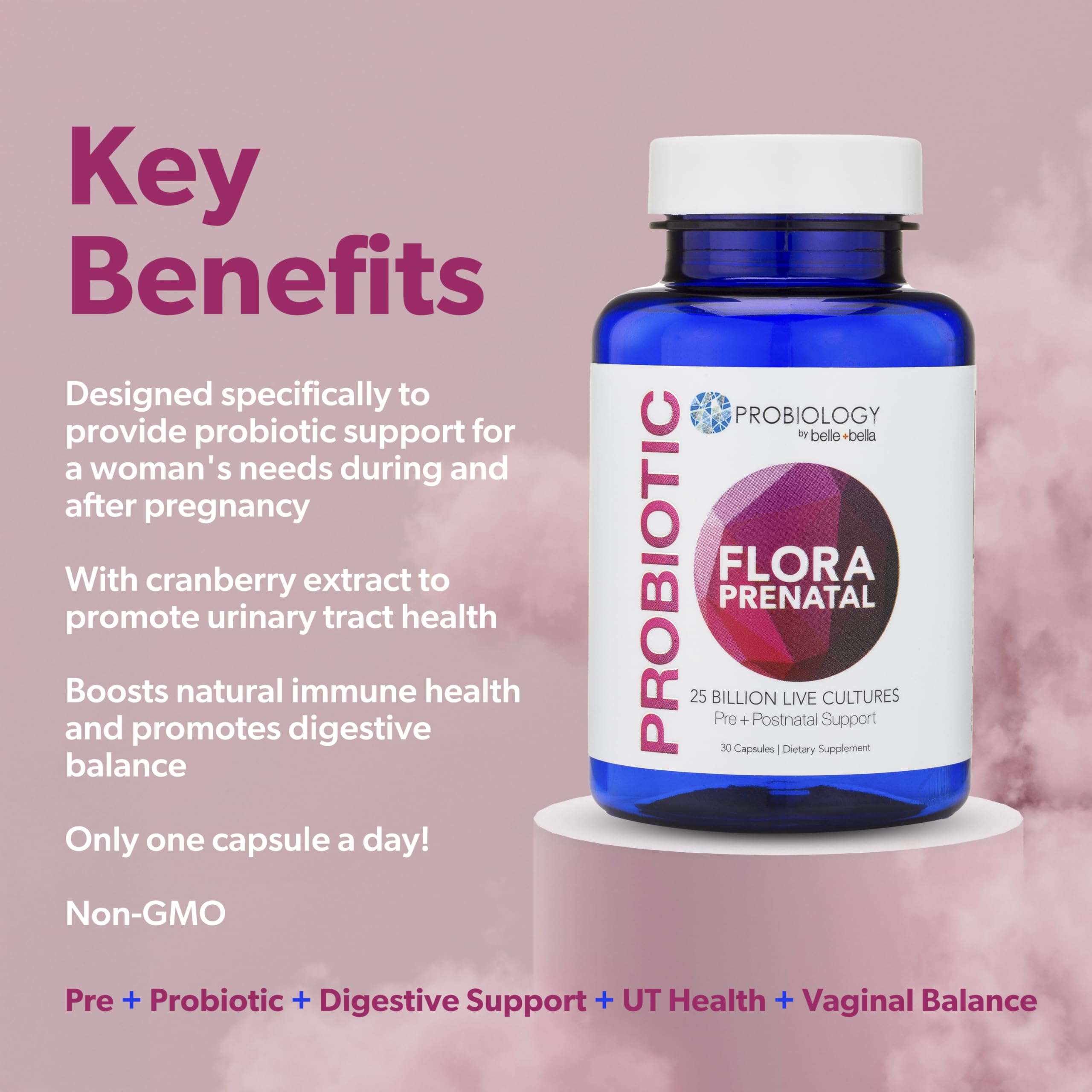 Flat lay of prenatal probiotic bottle with cranberry leaves