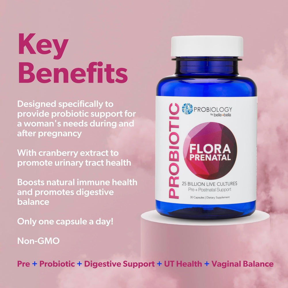 Flat lay of prenatal probiotic bottle with cranberry leaves