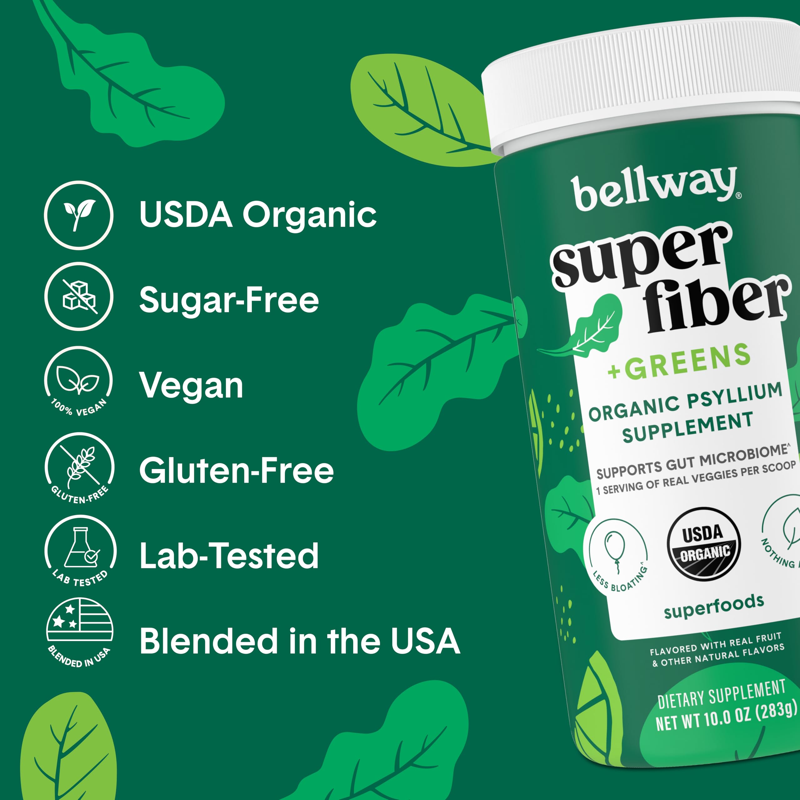 Ingredients: psyllium husk, greens blend, and organic prebiotics