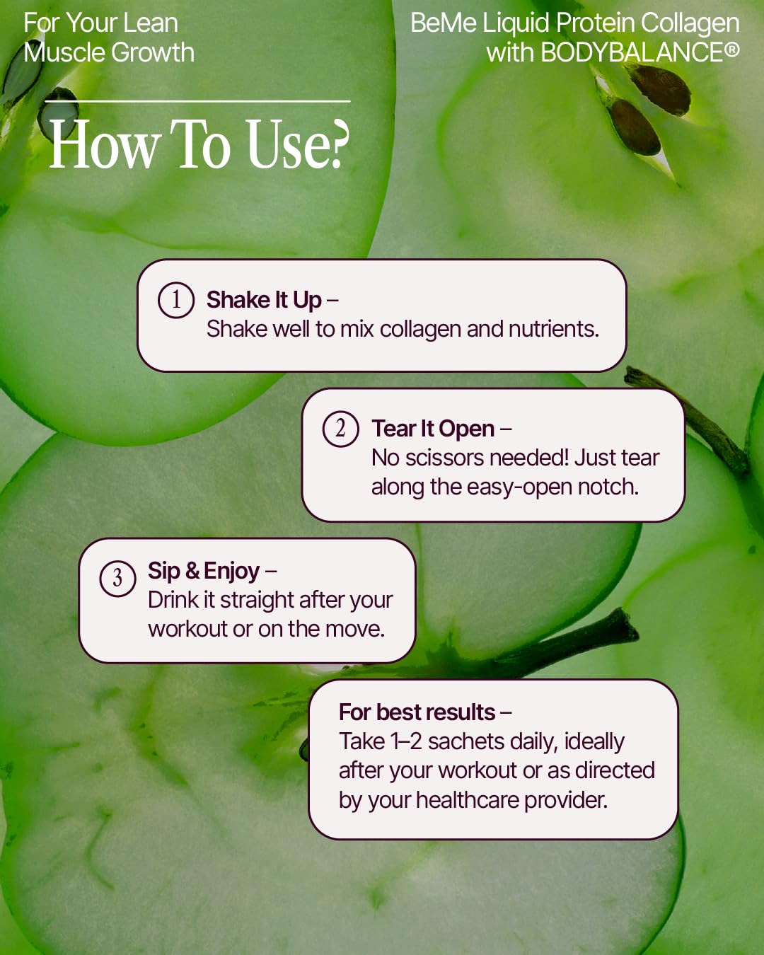 BeMe Liquid Protein Shots Apple workout-recovery setup suggests post-workout replenishment.