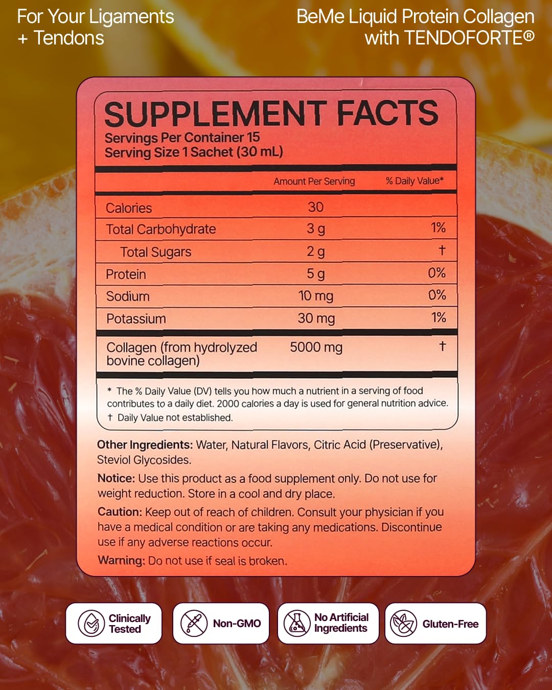 BeMe Tendoforte collagen liquid sachets grapefruit offer quick absorption for training.