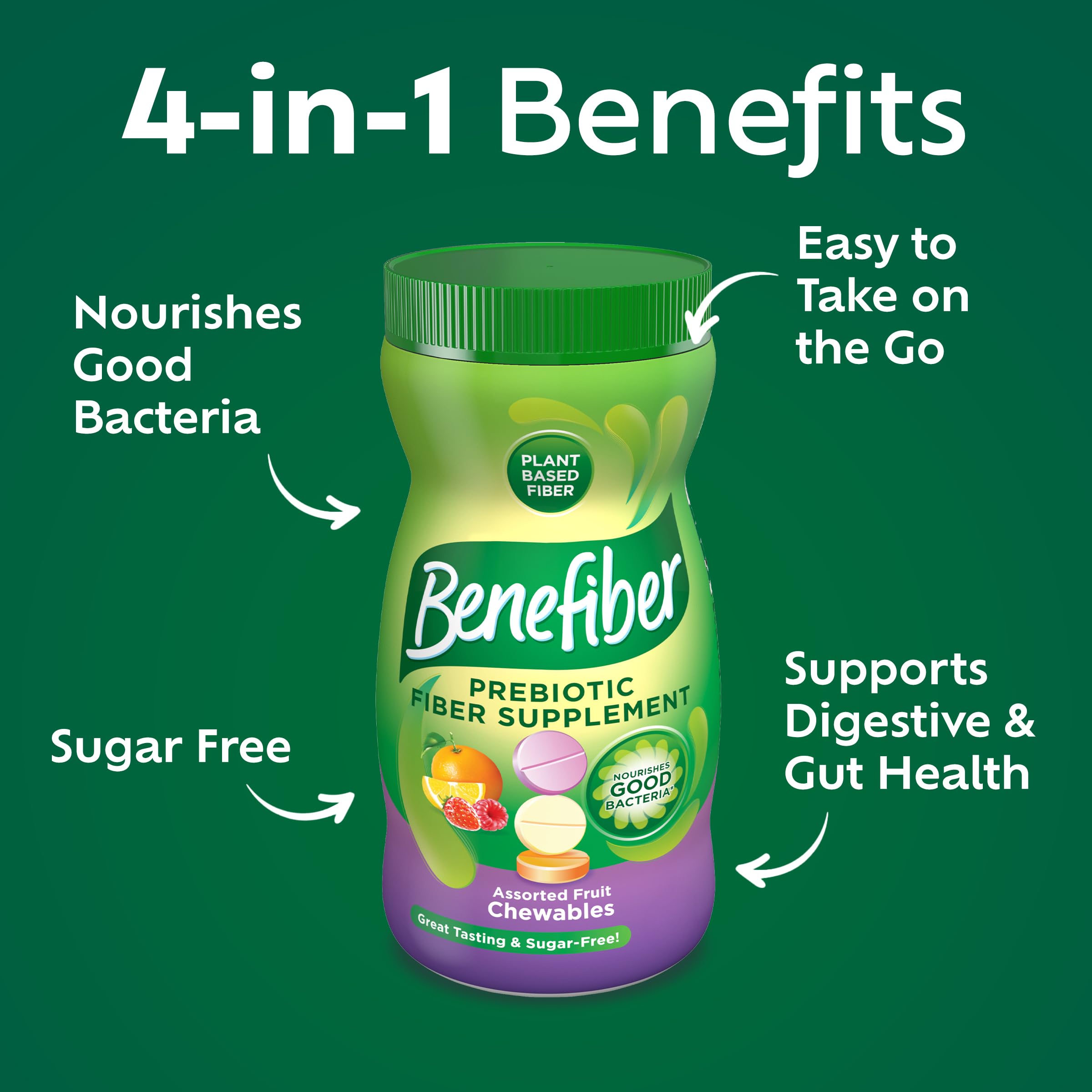 Benefiber assorted fruit flavors chewable tablets for easy gut health