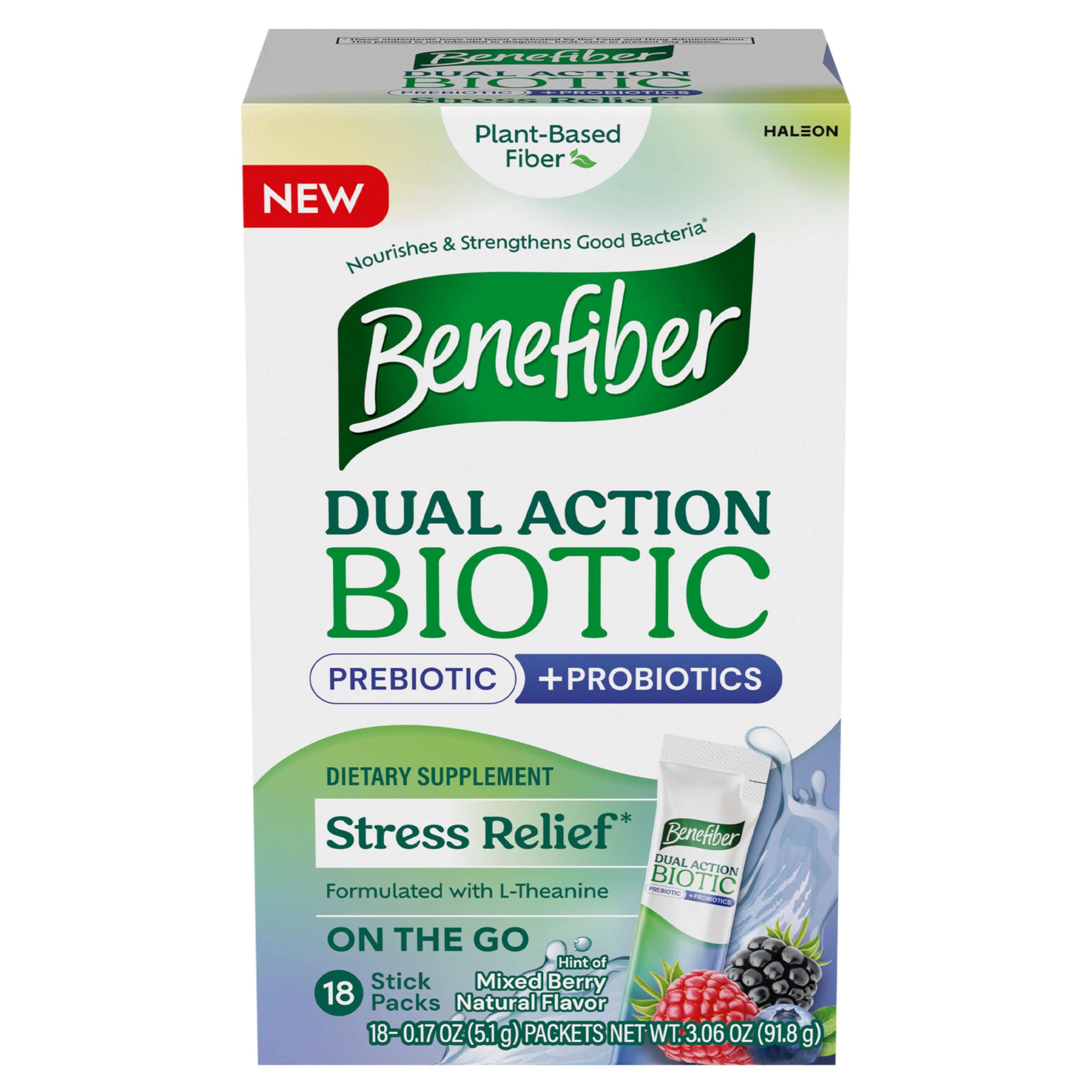 Benefiber Dual Action Biotic Plus Stress Relief stick pack - mixed berry flavor (18-count) front view