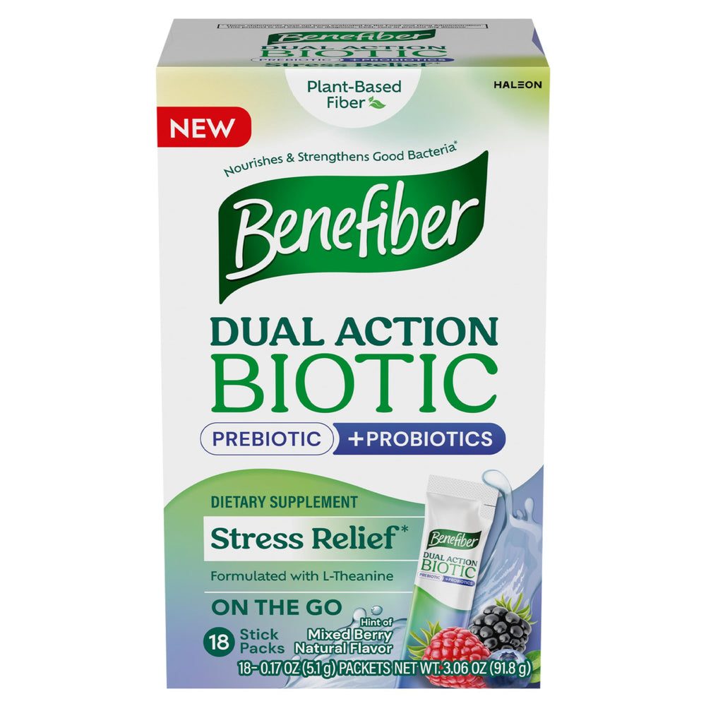Benefiber Dual Action Biotic Plus Stress Relief stick pack - mixed berry flavor (18-count) front view
