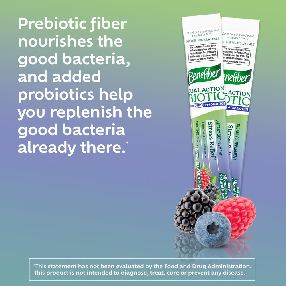 Berry flavored Benefiber Dual Action Biotic Plus Stress Relief on kitchen counter