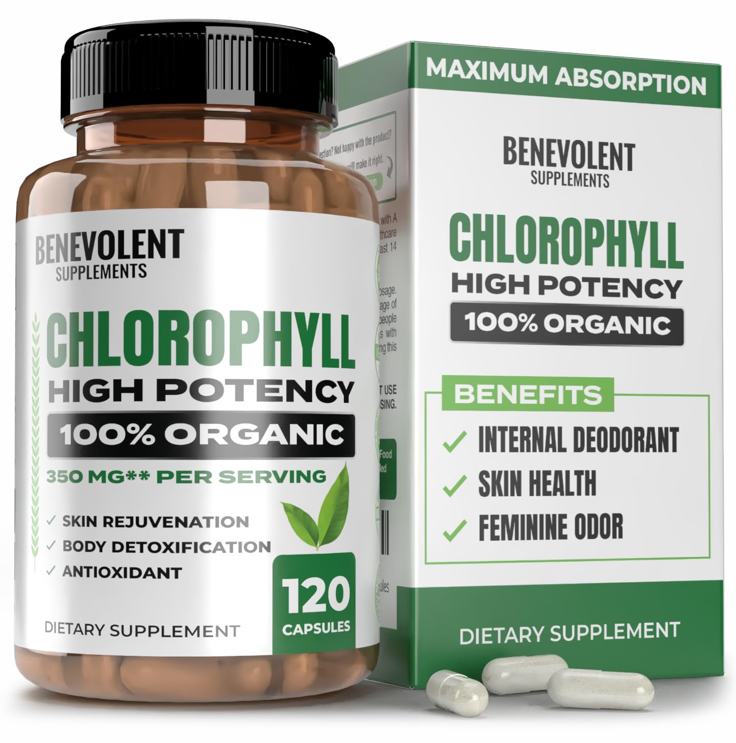 Benevolent Chlorophyll Capsules bottle with 350 mg label and 120-count