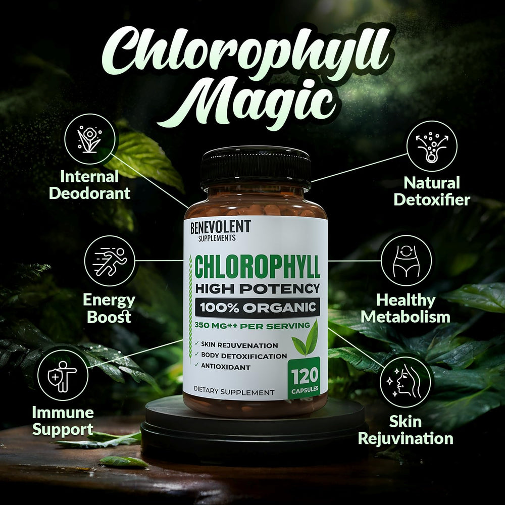 Product packshot: Benevolent Chlorophyll Capsules 350 mg, 120 capsules