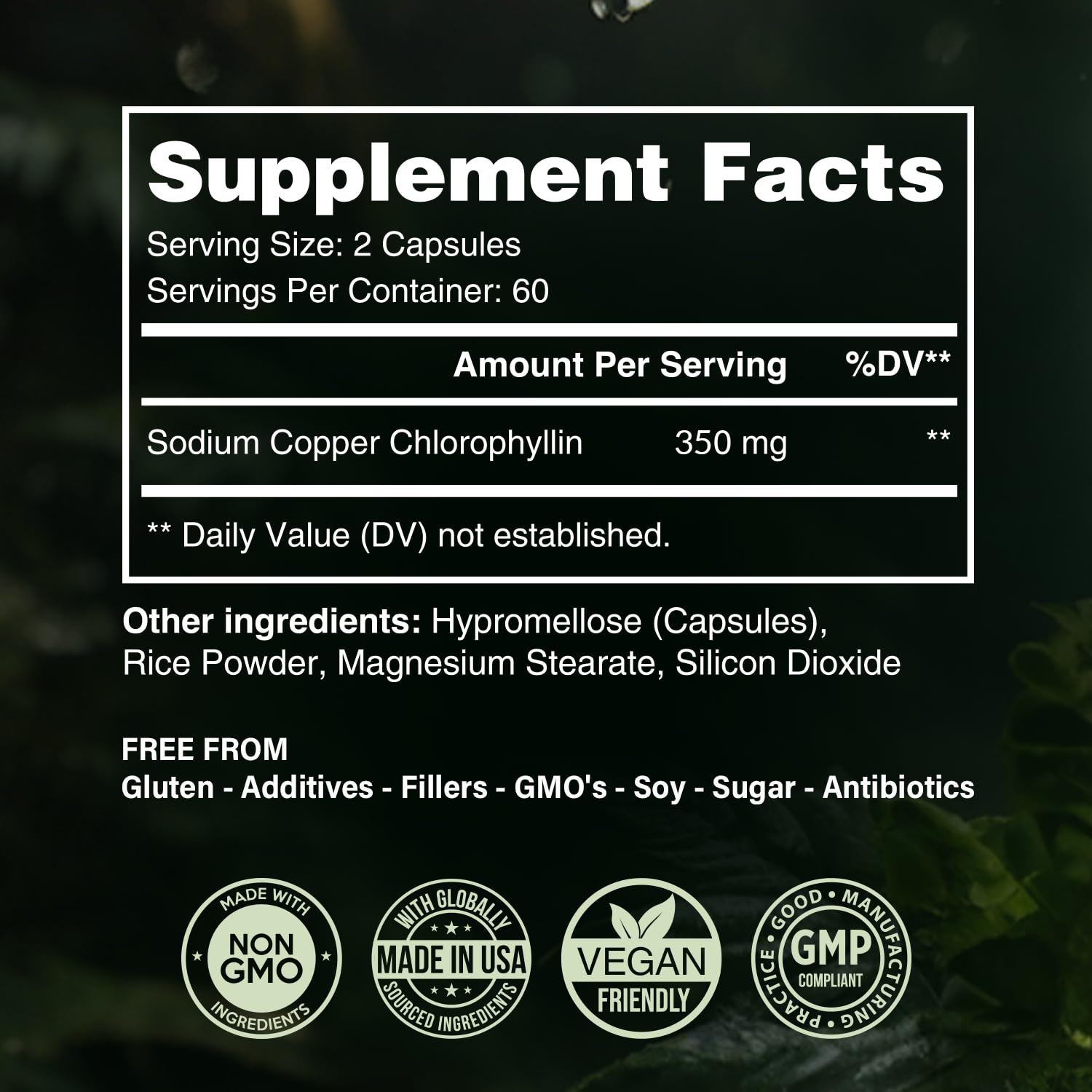 Chlorophyll capsules provided in a bottle with packaging details