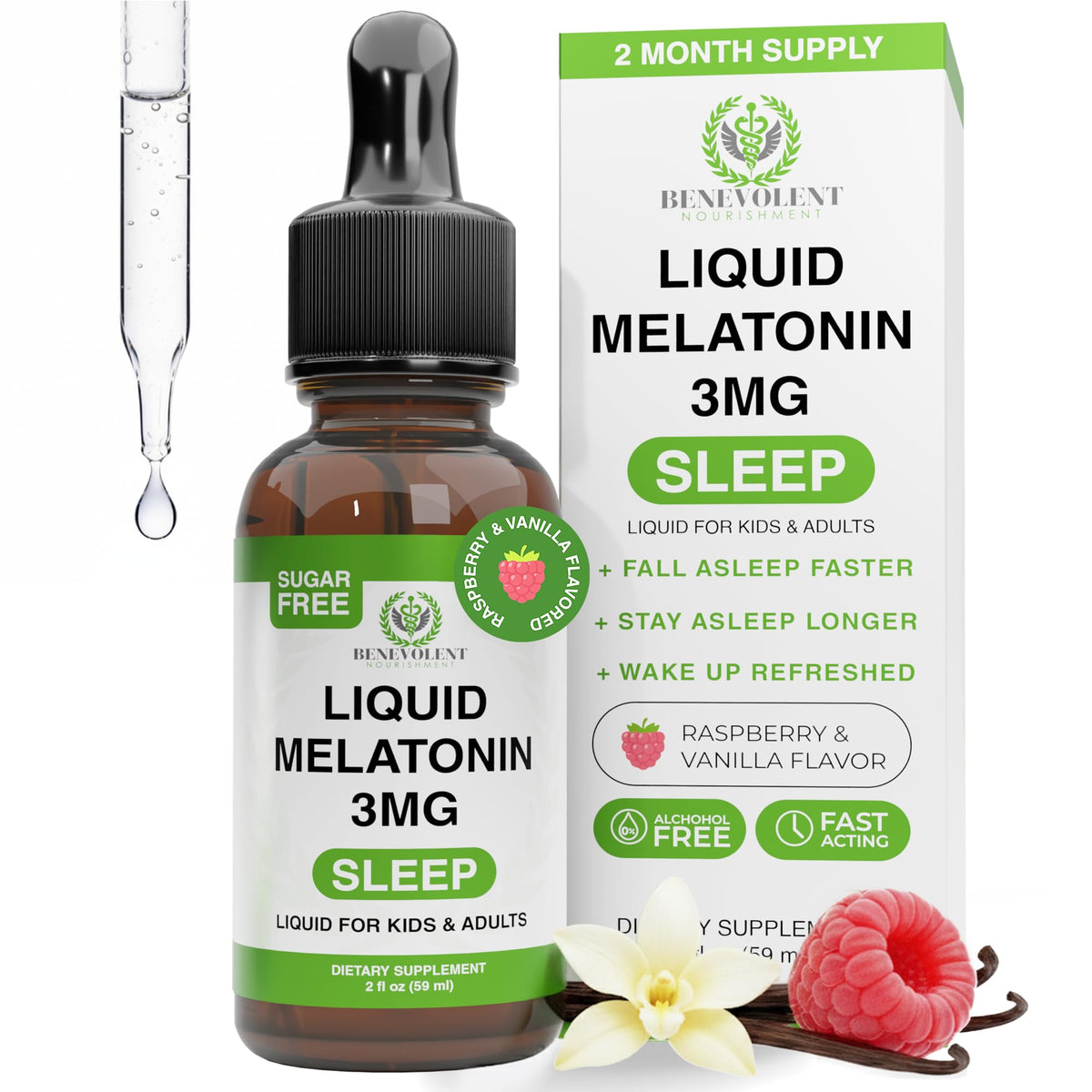 Hero bottle of Benevolent Melatonin Drops in Berry Vanilla flavor