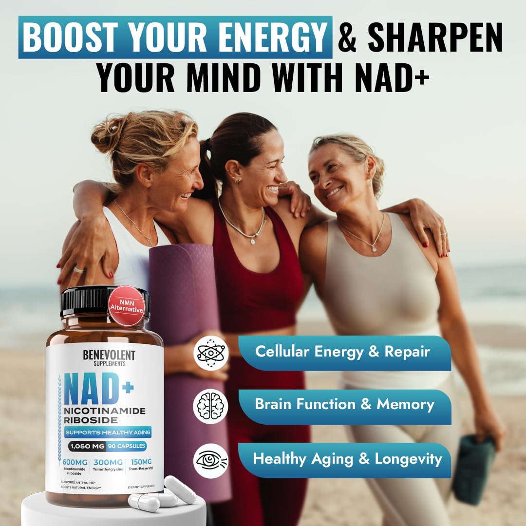 Front label of Benevolent NAD+ 1050mg bottle