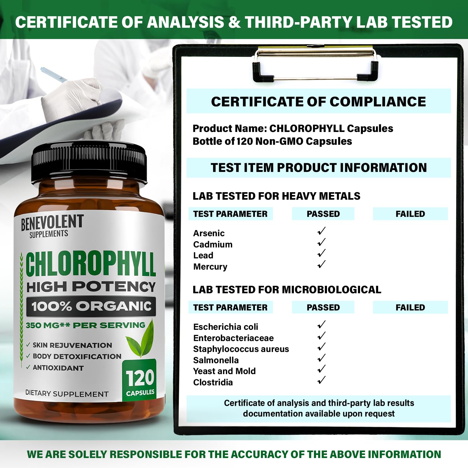 Benevolent Nourishment box flatlay showcases natural, non-GMO chlorophyll capsules.