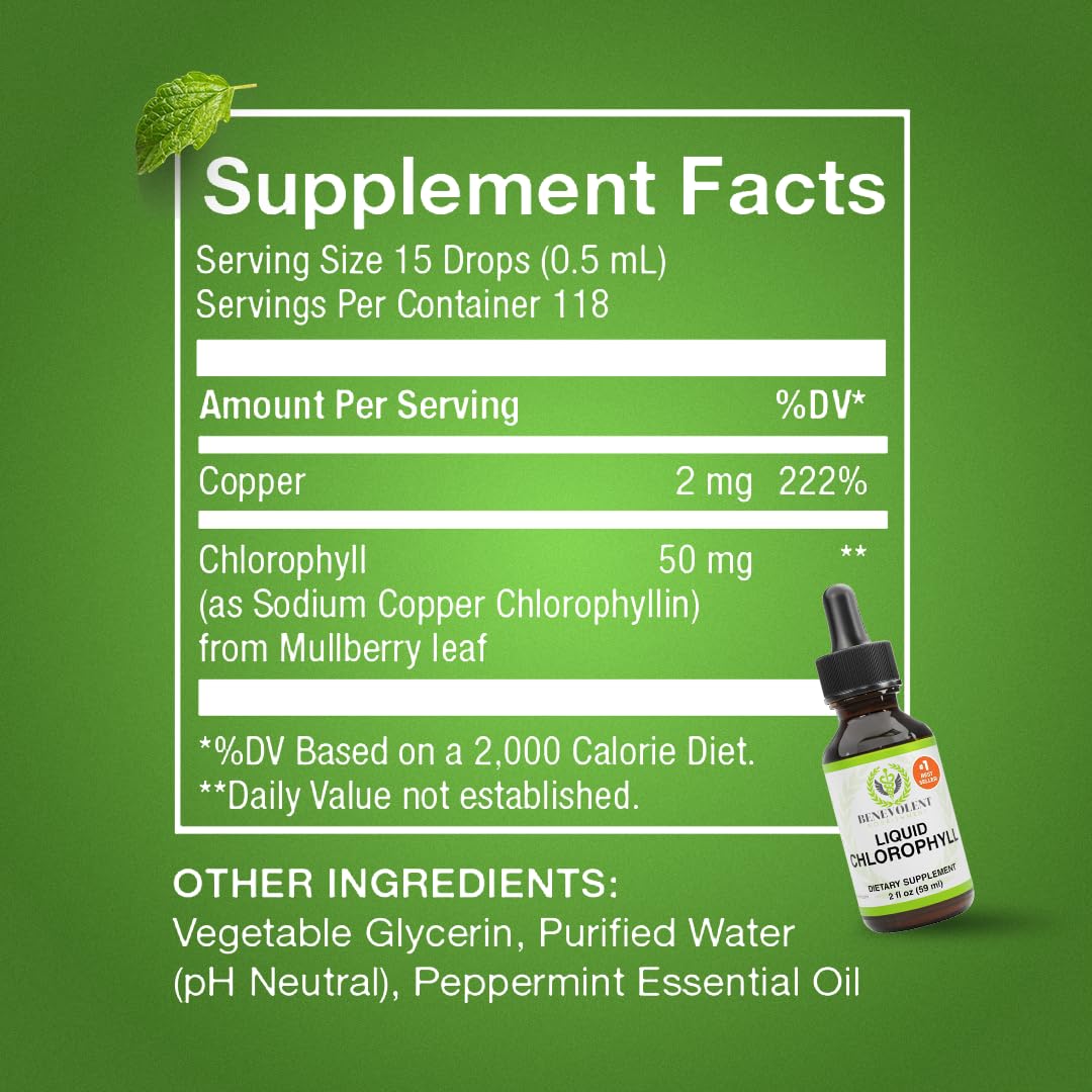 Benevolent Nourishment Chlorophyll Drops packaging close-up—59ml compact bottle.