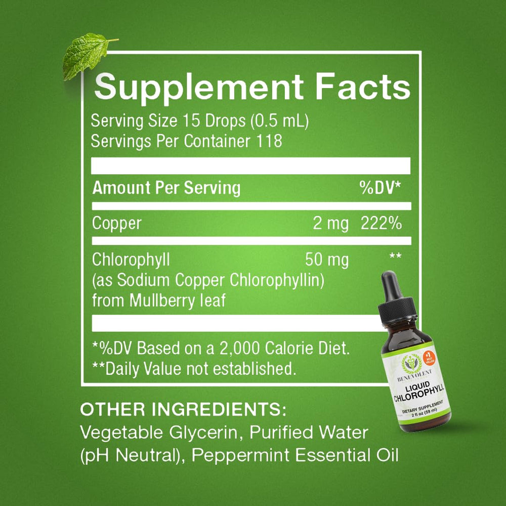 Benevolent Nourishment Chlorophyll Drops packaging close-up—59ml compact bottle.