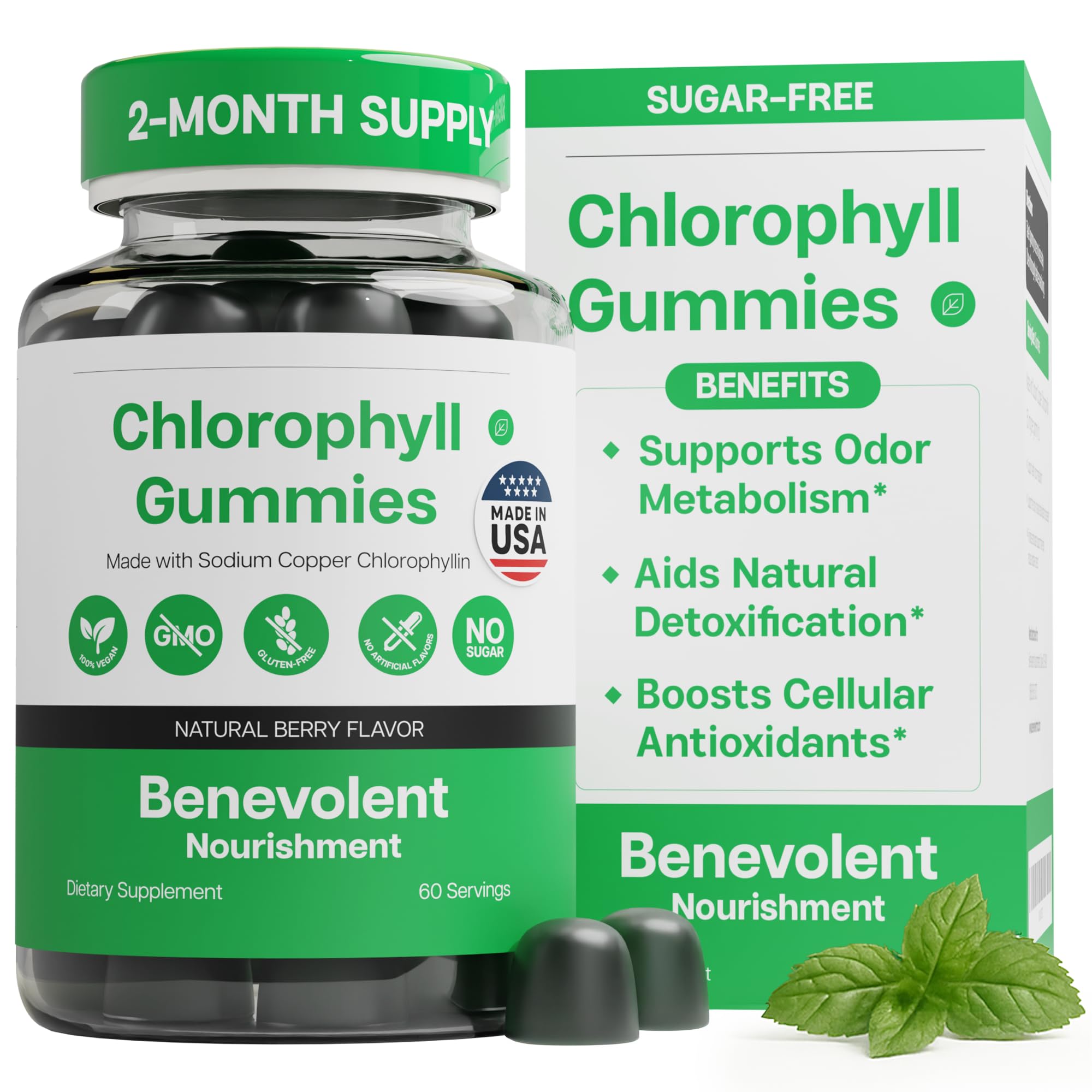 Benevolent Nourishment chlorophyll gummies bottle for detox and daily vitality.