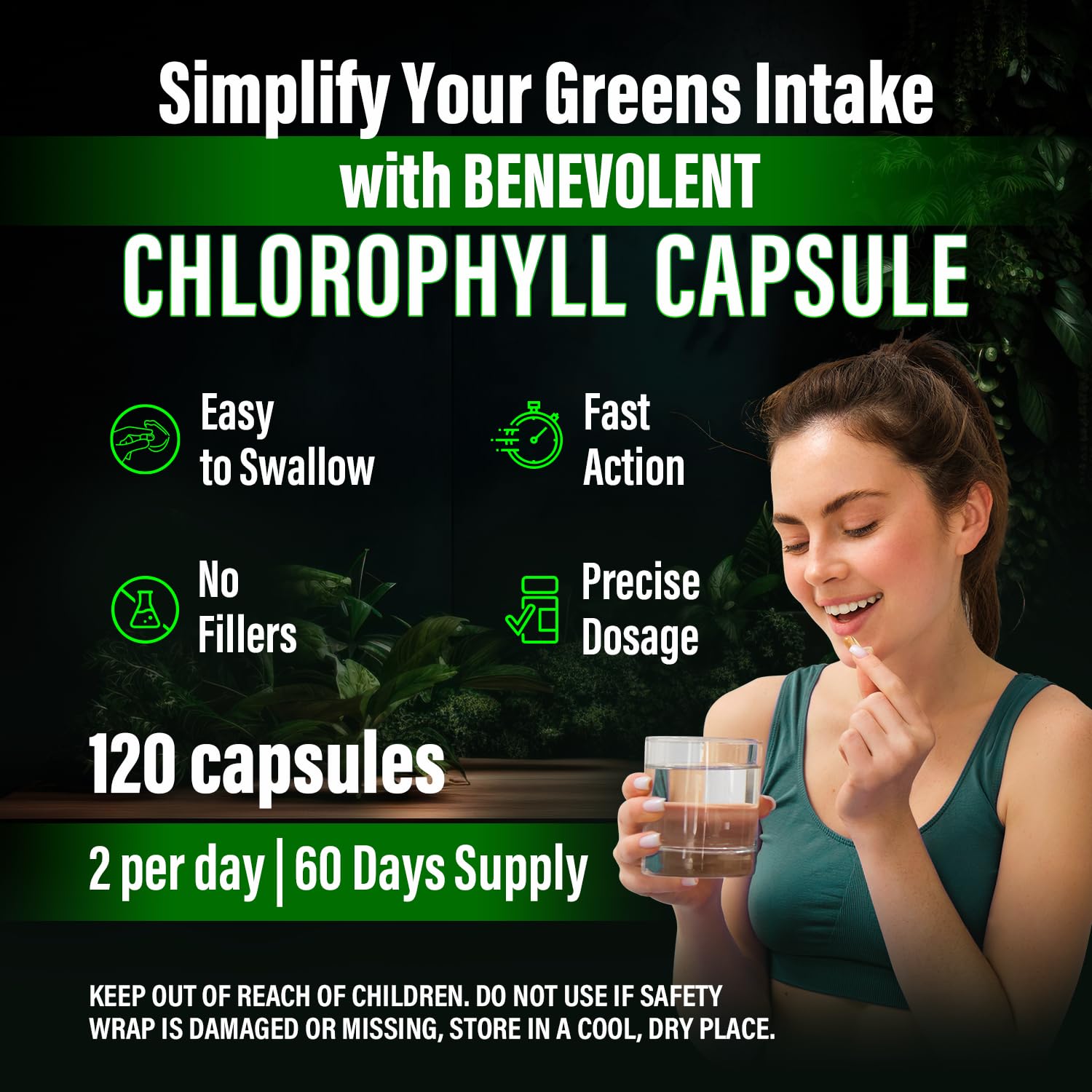 Benevolent Nourishment packaging hero shot for convenient daily chlorophyll supplementation.