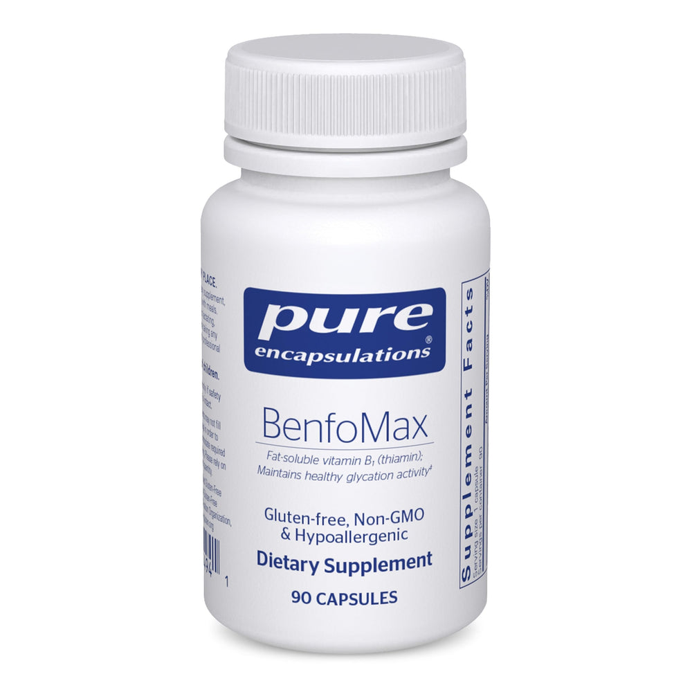 Front view of BenfoMax 90s bottle showing 200 mg benfotiamine per capsule