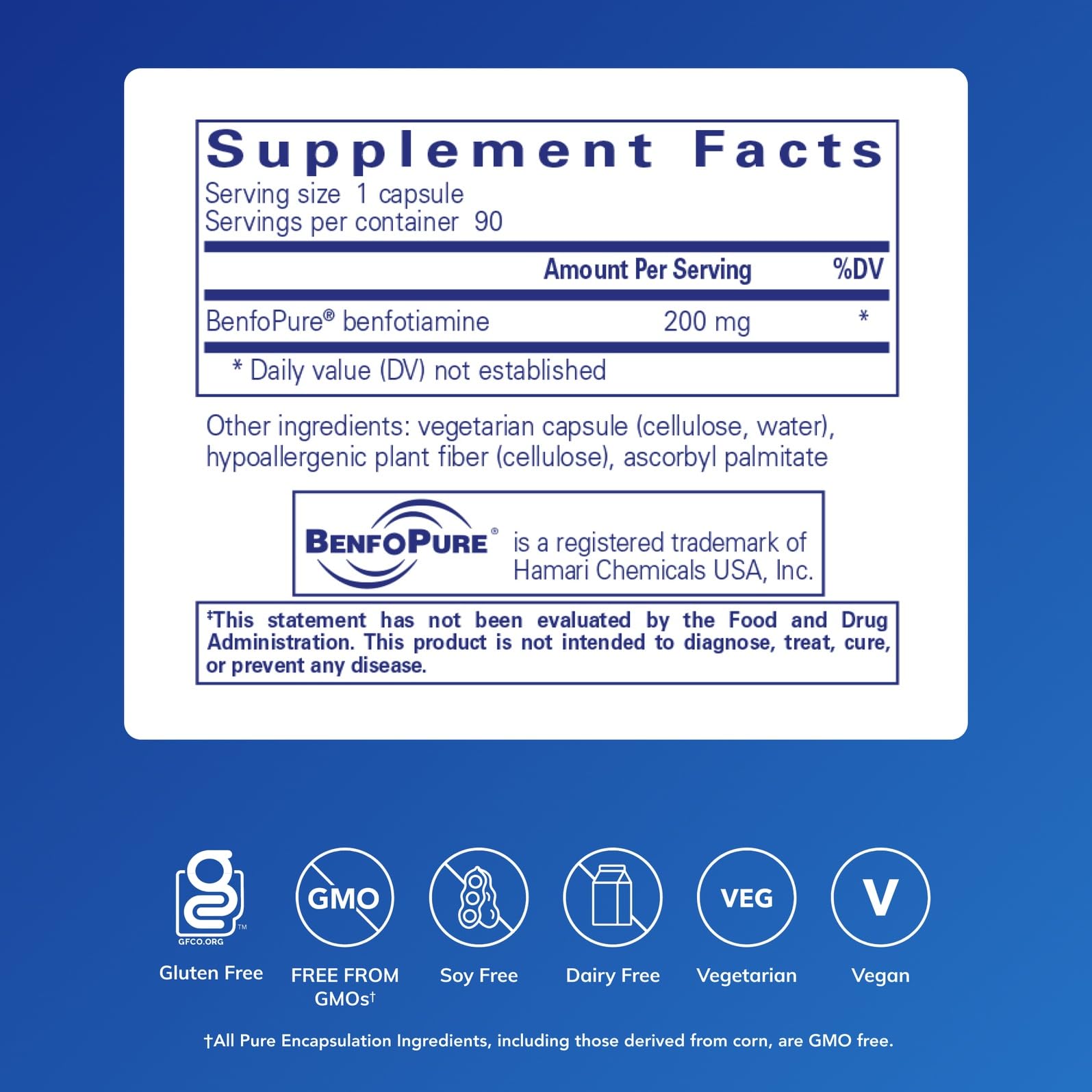Back label of BenfoMax 90s detailing ingredients and nutrition facts