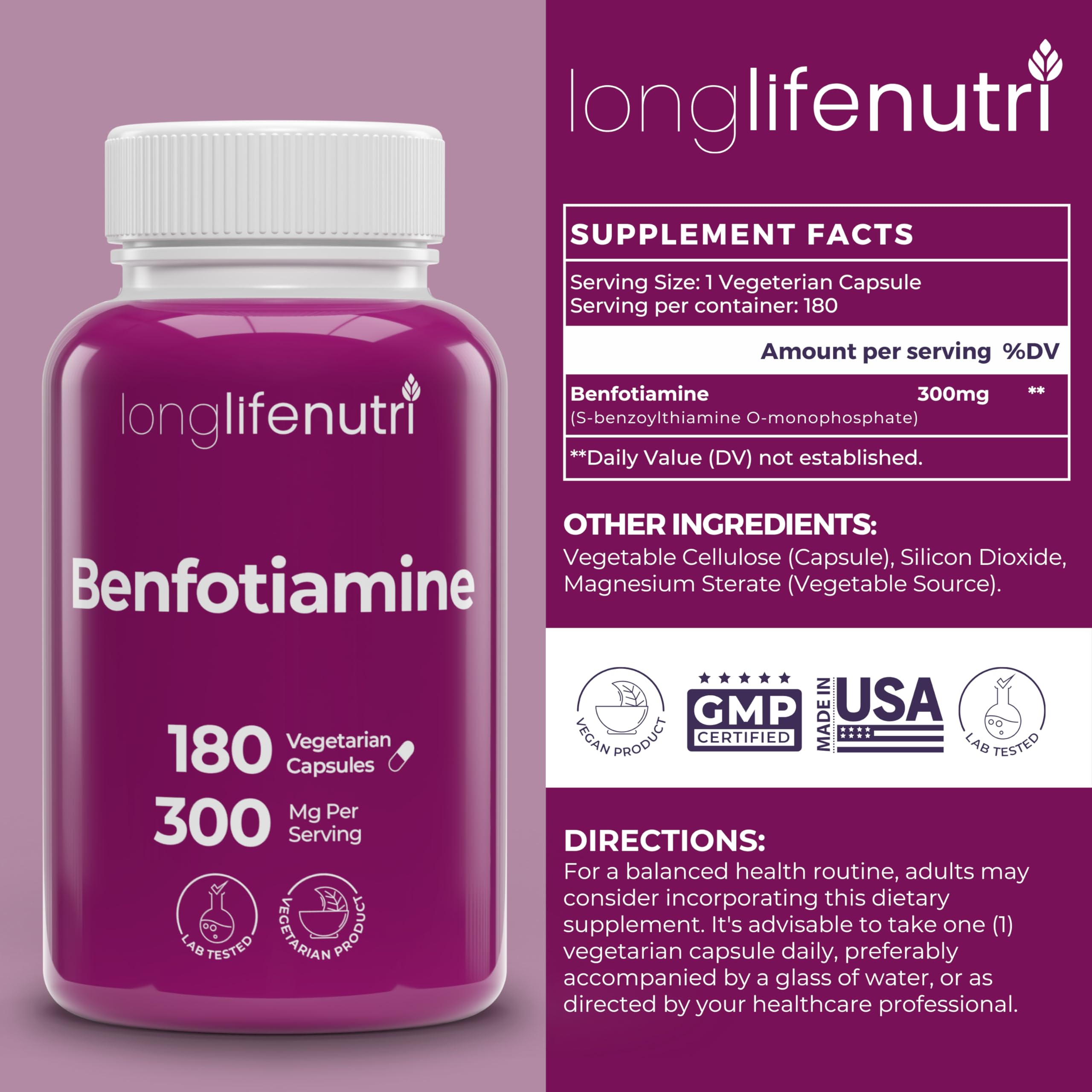 Back label of LongLifeNutri Benfotiamine bottle showing dosage and ingredients