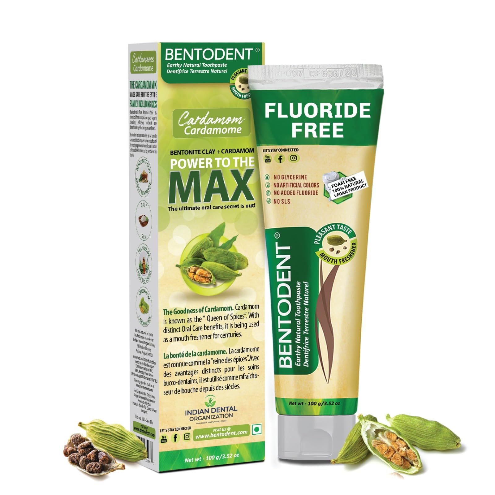 BENTODENT toothpaste tube featuring cardamom flavor