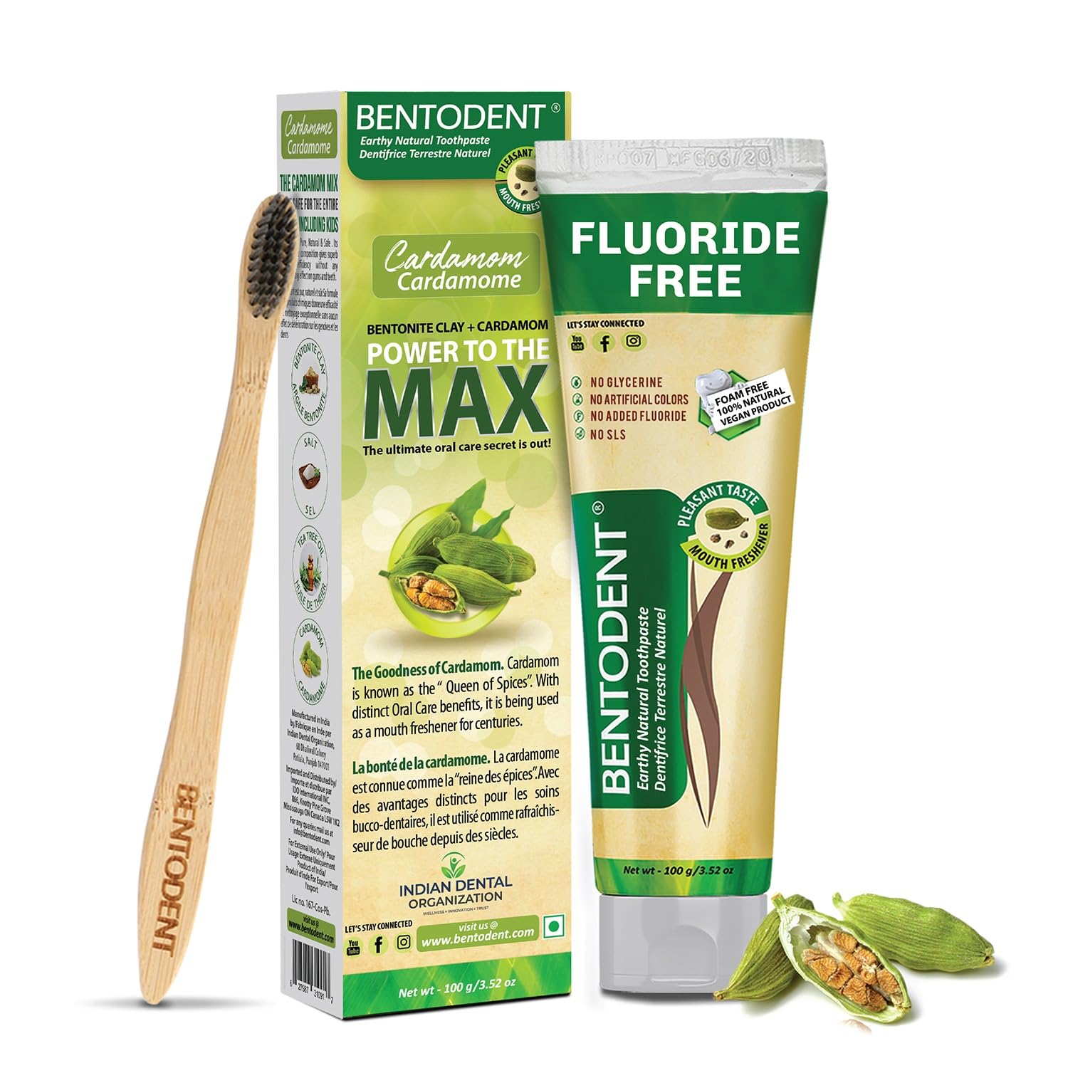 BENTODENT Cardamom toothpaste tube and box on white background