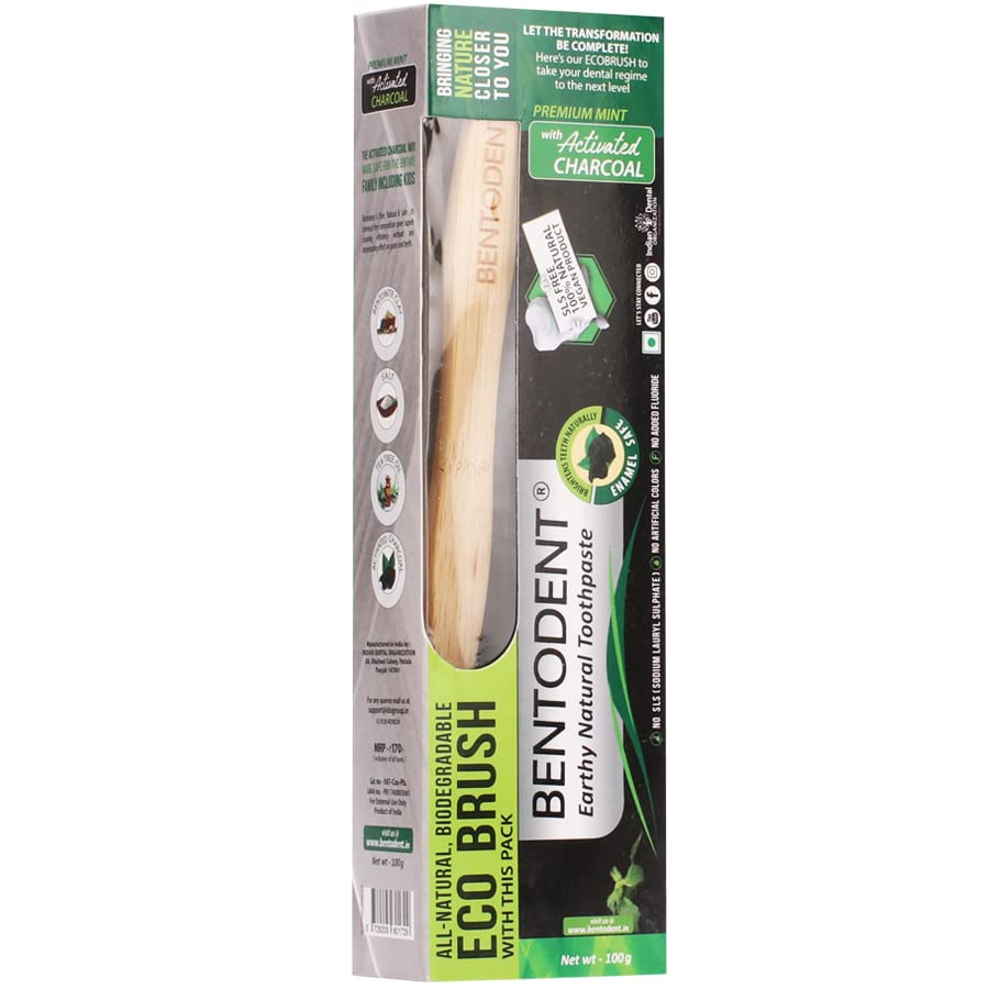 Bentodent charcoal toothpaste close-up showing whitening effect