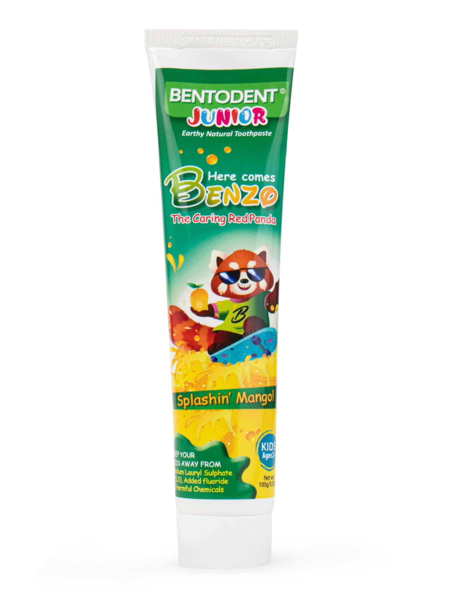 Child brushing teeth with Bentodent Mango toothpaste